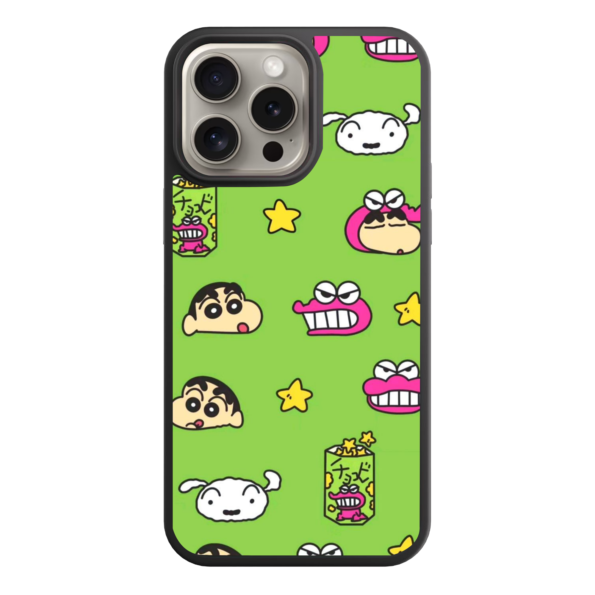 Crayon Shin Chan Phone Case For iPhone Samsung Galaxy Pixel - Crayon Shin Chan Faces And Chocobi Snacks Pattern On Lime Green Background