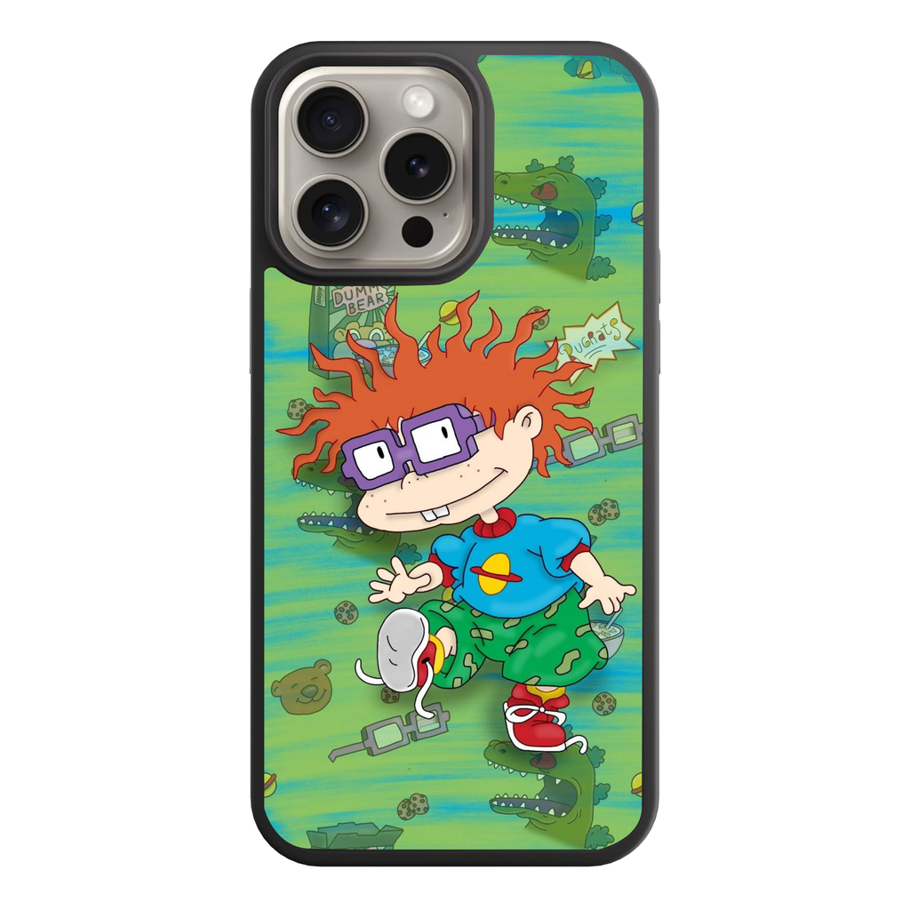 Rugrats Chuckie Phone Case For iPhone Samsung Galaxy Pixel - Chuckie Finster Surrounded By Reptar And Dummy Bears On Green Background