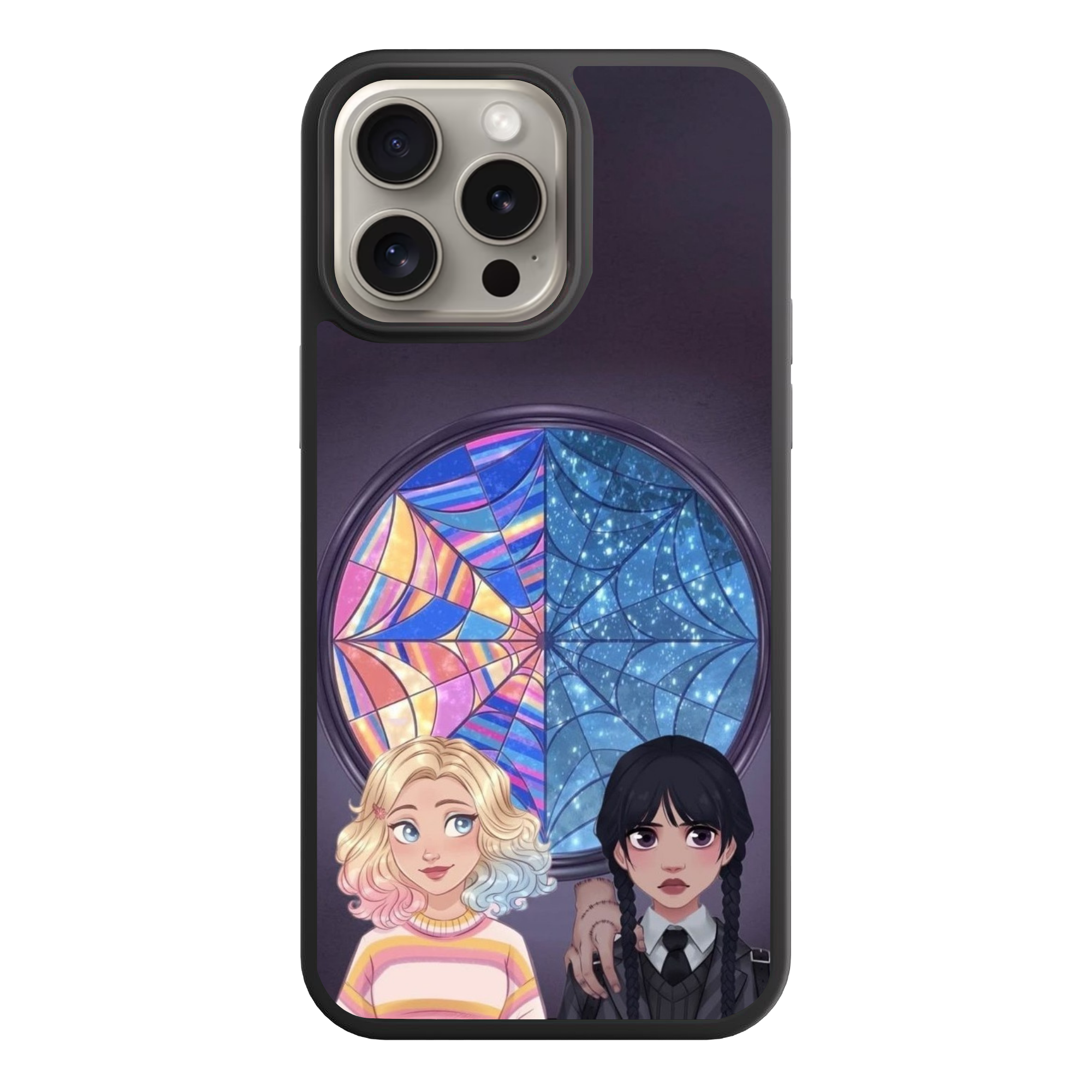 Wednesday Phone Case For iPhone Samsung Galaxy Pixel - Wednesday Addams And Enid Sinclair In Front Of Spiderweb Window Illustration Art