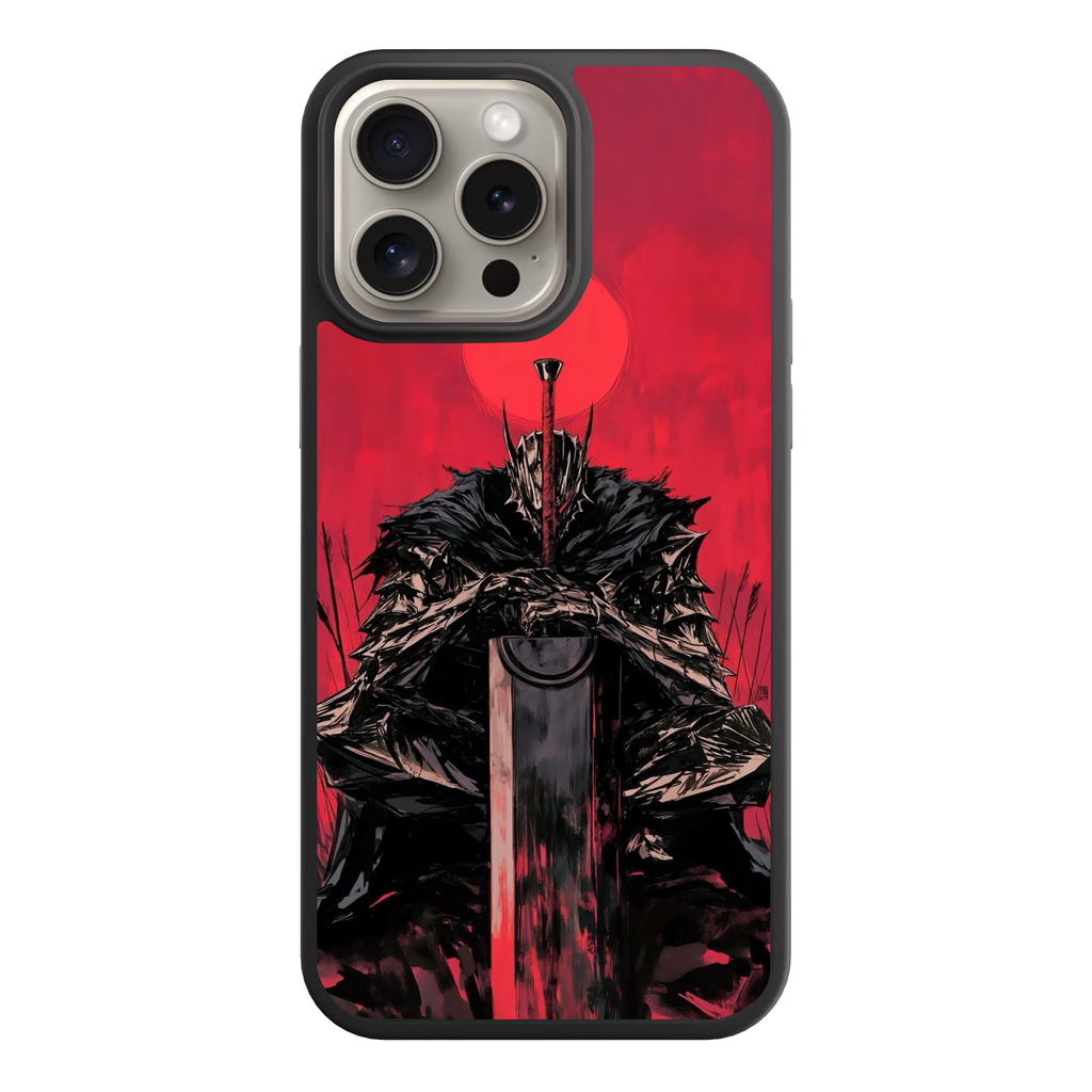 Berserk Guts Phone Case For iPhone Samsung Galaxy Pixel - Guts In Berserker Armor Resting On Dragon Slayer Under Red Moon