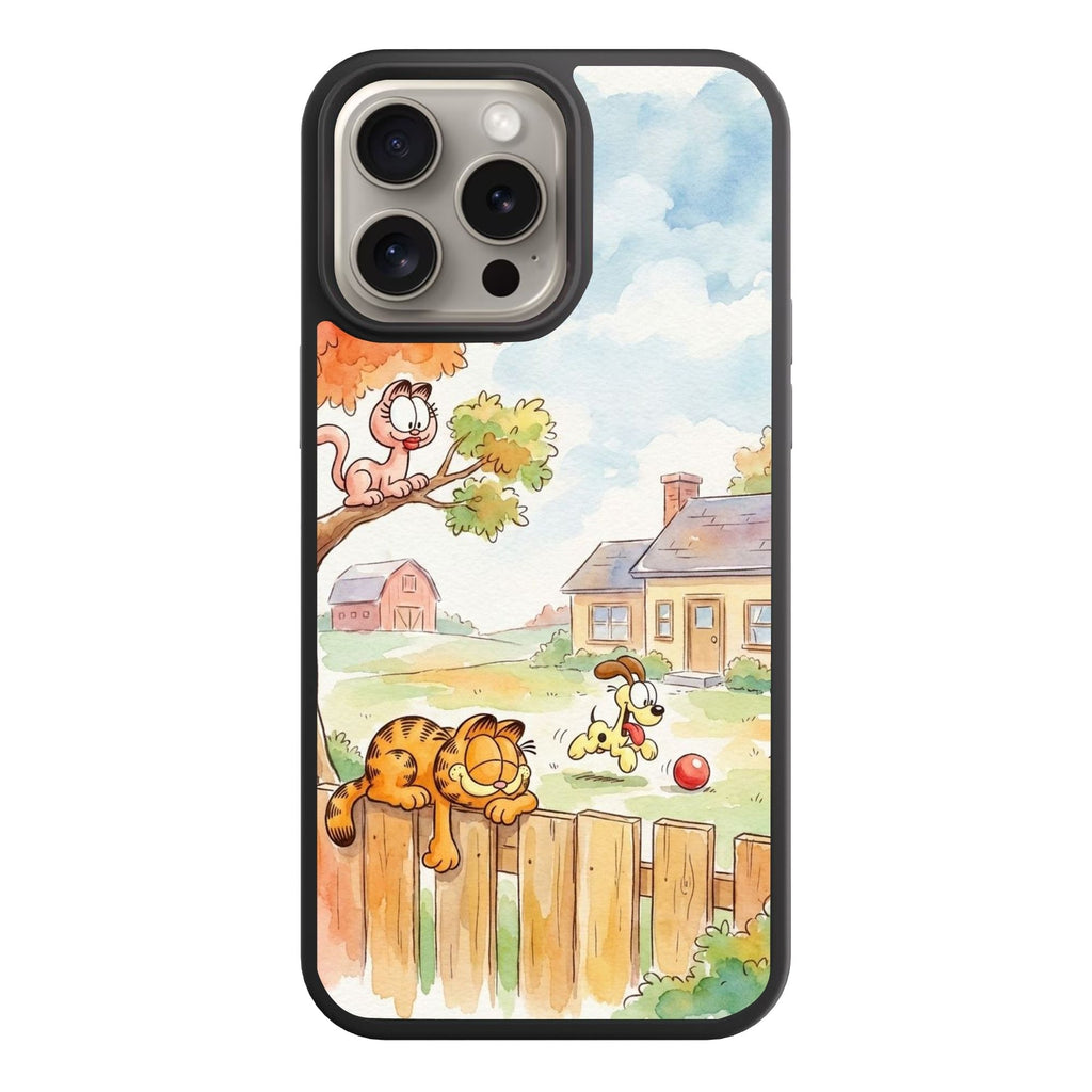 Garfield Phone Case For iPhone Samsung Galaxy Pixel - Garfield Napping On Fence With Arlene And Odie Watercolor Poster