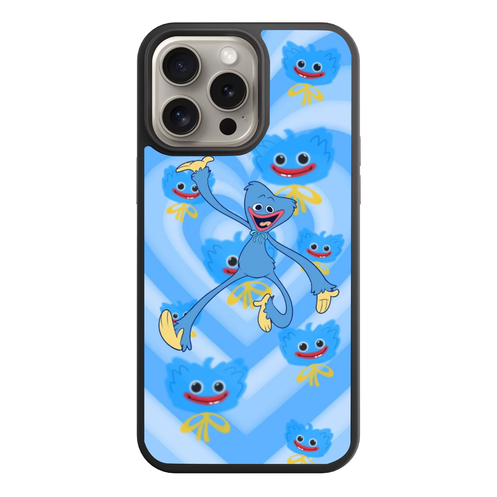 Poppy Playtime Huggy Wuggy Phone Case For iPhone Samsung Galaxy Pixel - Huggy Wuggy And Blue Heart Spiral Background