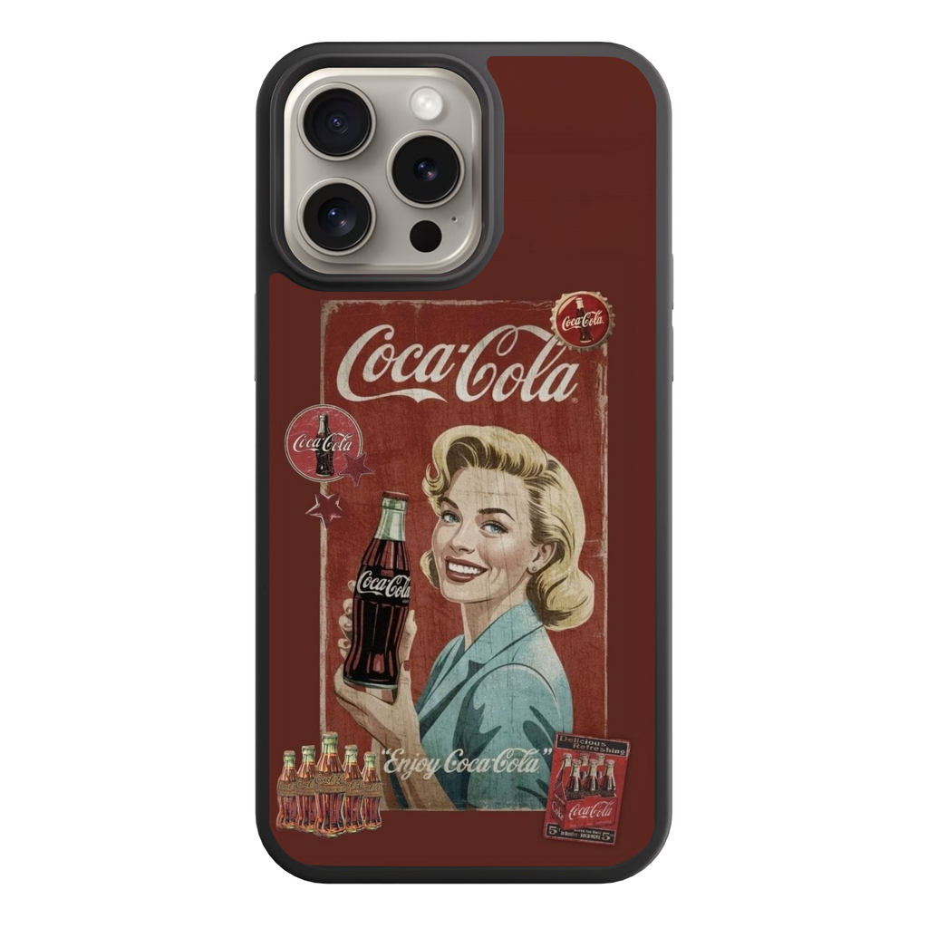 Coca Cola Phone Case For iPhone Samsung Galaxy Pixel - Vintage Coca Cola Pin Up Girl Retro Advertising Collage On Maroon Background