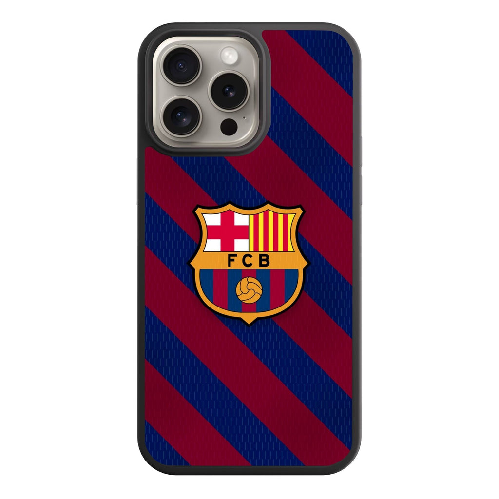 FC Barcelona Phone Case For iPhone Samsung Galaxy Pixel - FC Barcelona Crest On Blaugrana Diagonal Striped Background