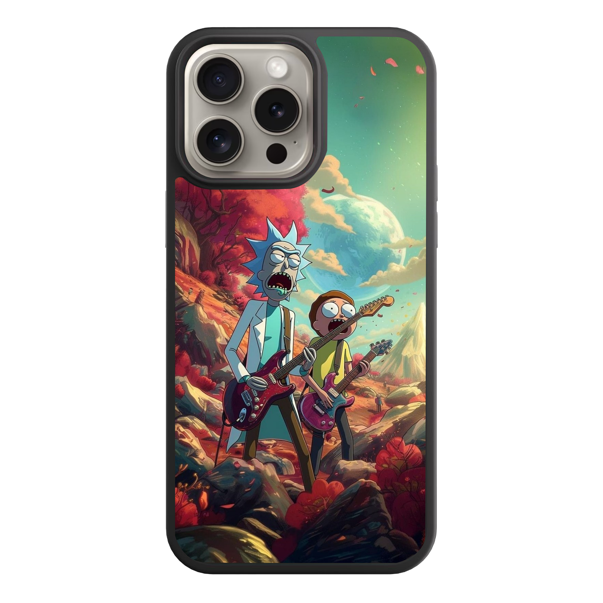 Rick And Morty Phone Case For iPhone Samsung Galaxy Pixel - Rick And Morty Playing Electric Guitars On Alien Planet Background