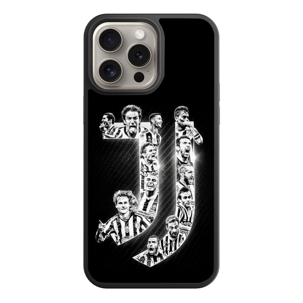 Juventus FC Phone Case For iPhone Samsung Galaxy Pixel - Juventus FC Minimalist J Logo Collage Featuring Legendary Players On Black Background