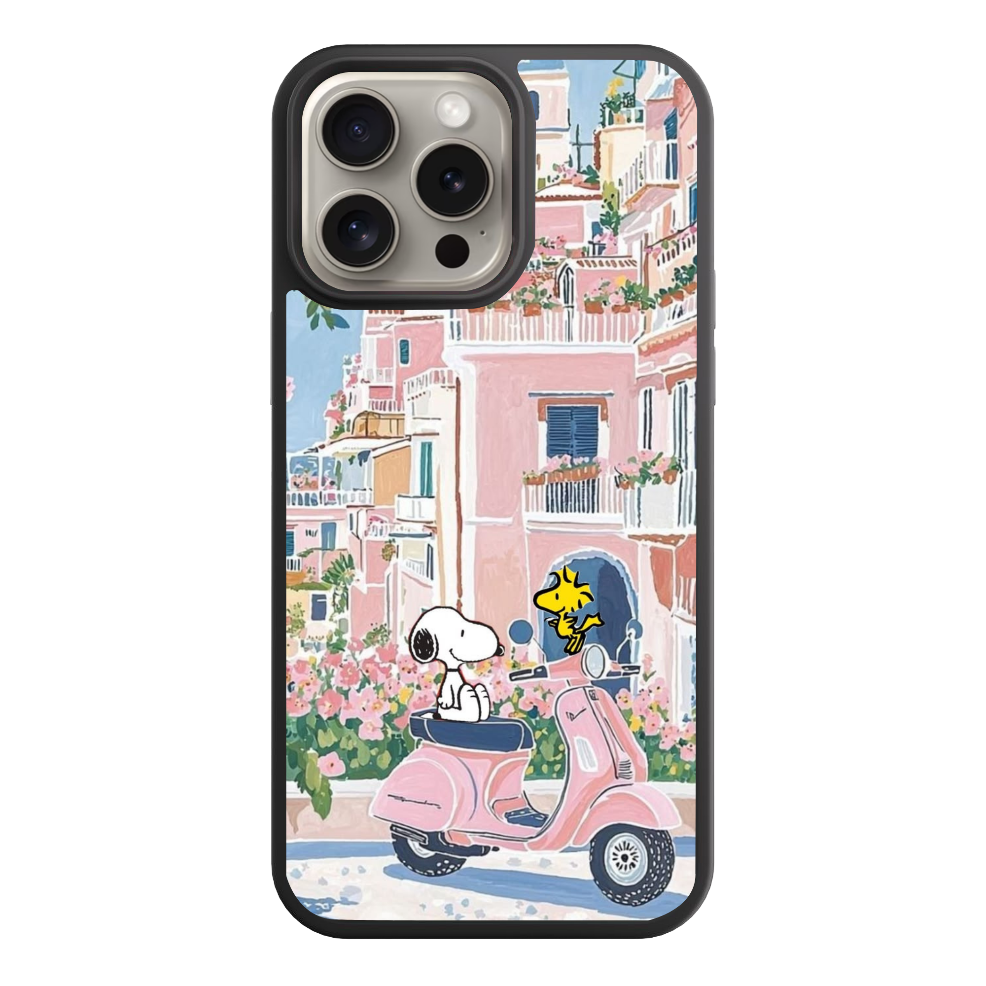 Peanuts Snoopy Phone Case For iPhone Samsung Galaxy Pixel - Peanuts Snoopy And Woodstock On A Pink Scooter With Amalfi Coast Background
