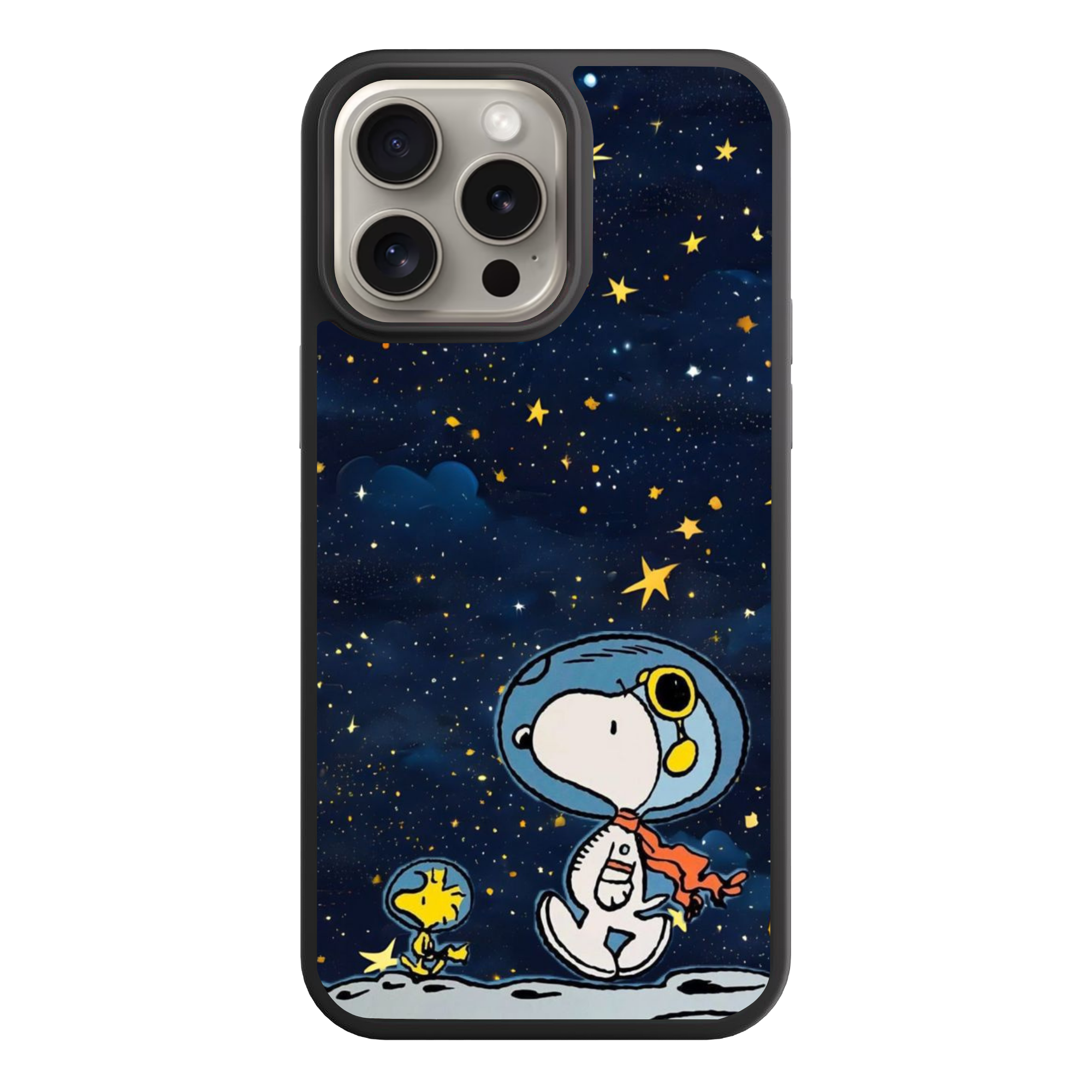 Peanuts Snoopy Phone Case For iPhone Samsung Galaxy Pixel - Peanuts Snoopy And Woodstock On Moon Under Starry Night Sky Background