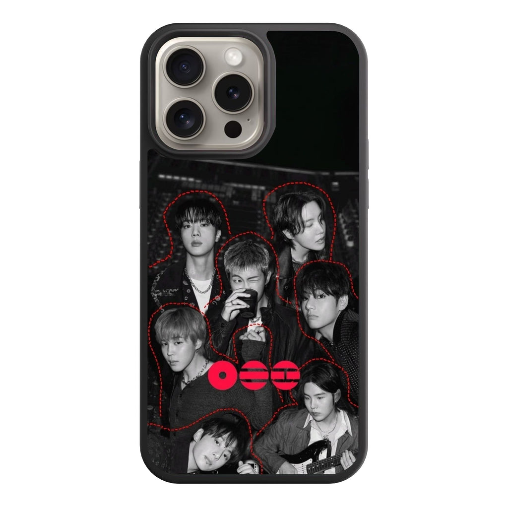 BTS Phone Case For iPhone Samsung Galaxy Pixel - BTS Members Group Photo With Red Logo Graphic On Black And White Background