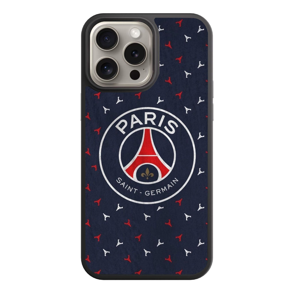 Paris Saint Germain FC Phone Case For iPhone Samsung Galaxy Pixel -  Paris Saint Germain FC Centered Crest On Wrinkled Dark Blue Fabric Texture Monogram Background