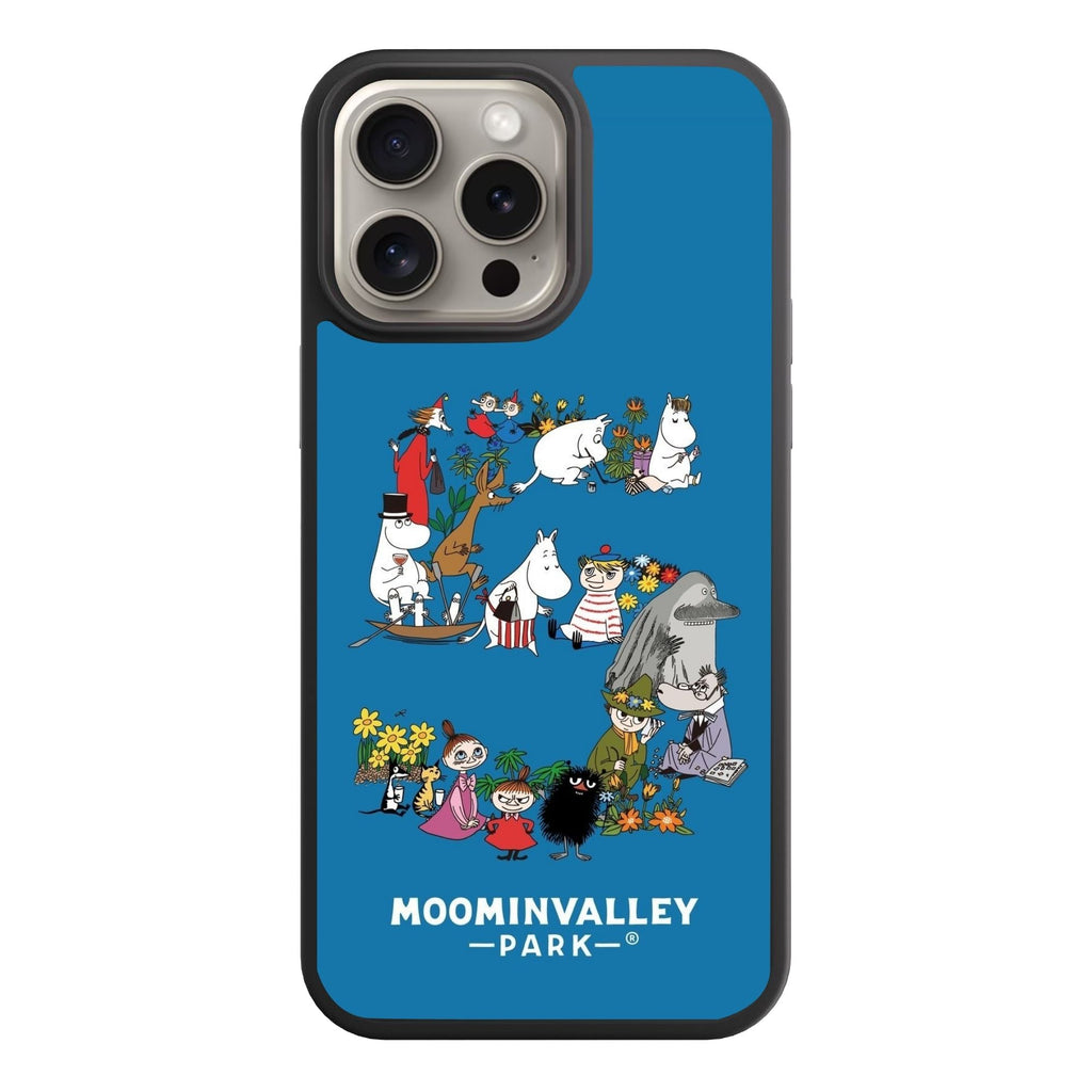 Moomins Phone Case For iPhone Samsung Galaxy Pixel - Moomin Characters In Number Five Shape With Moominvalley Park Logo In Blue Background