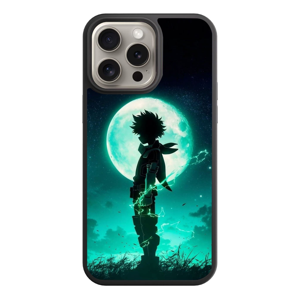 My Hero Academia Midoriya Phone Case For iPhone Samsung Galaxy Pixel - Deku Silhouette Sparking Green Lightning Sparks In Front Of A Giant Green Moon Background