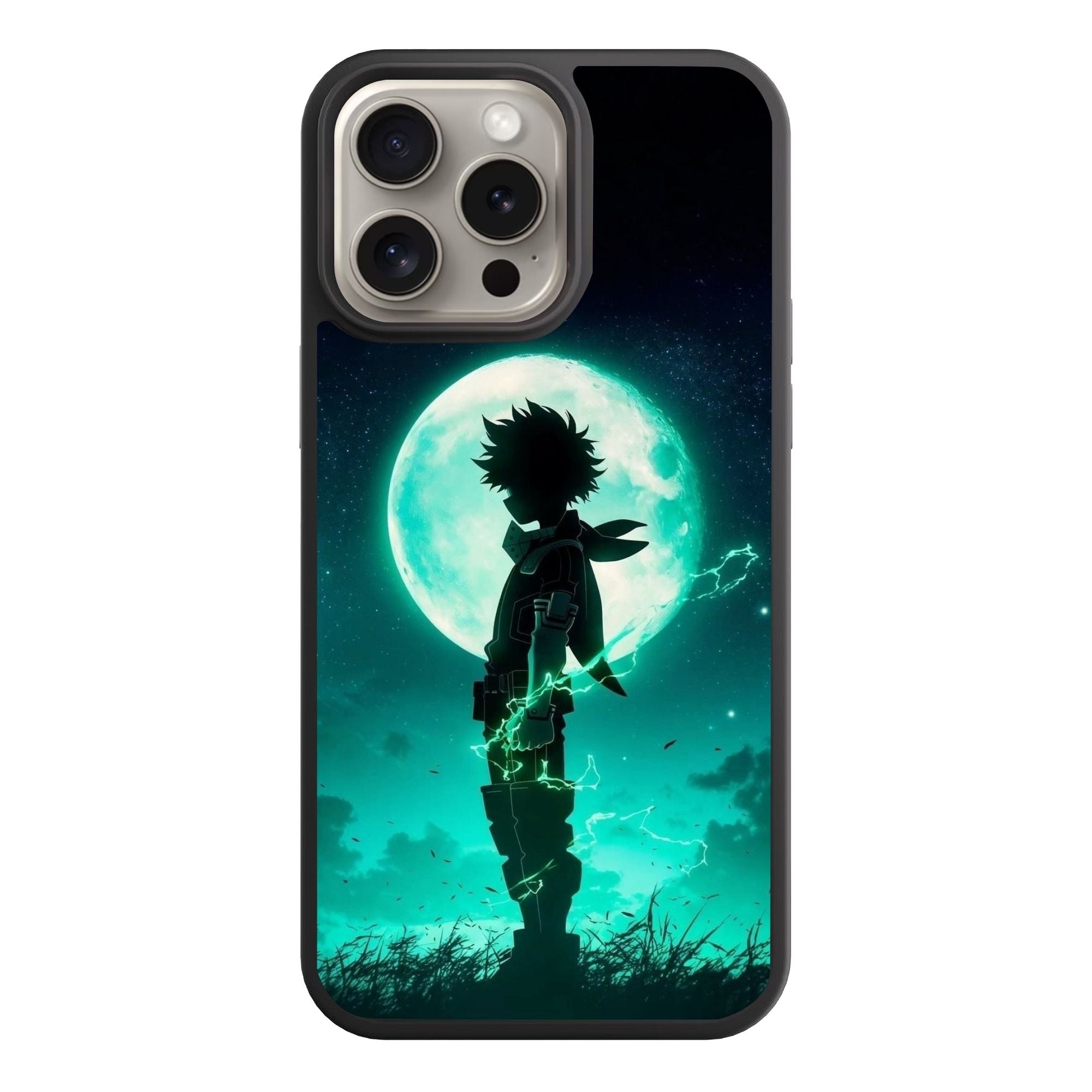 My Hero Academia Midoriya Phone Case For iPhone Samsung Galaxy Pixel - Deku Silhouette Sparking Green Lightning Sparks In Front Of A Giant Green Moon Background