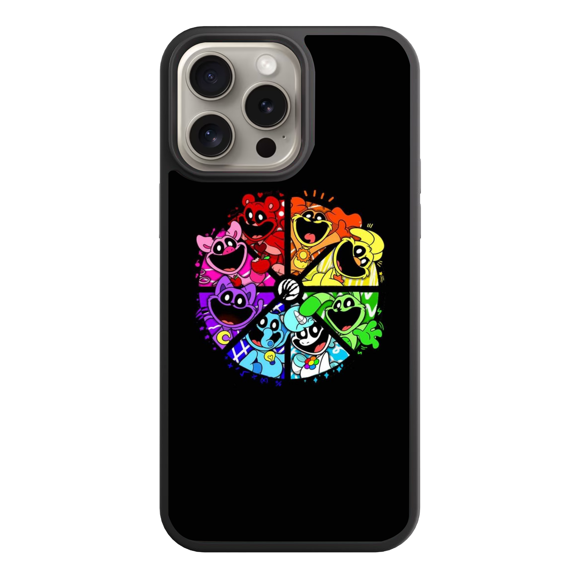 Poppy Playtime Phone Case For iPhone Samsung Galaxy Pixel - Smiling Critters Color Wheel On Black Background