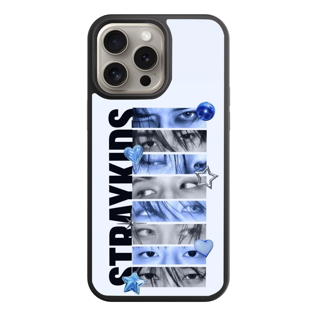 Stray Kids Phone Case For iPhone Samsung Galaxy Pixel - Stray Kids Logo Text And Members Eyes In Blue Bars On Light Blue Background