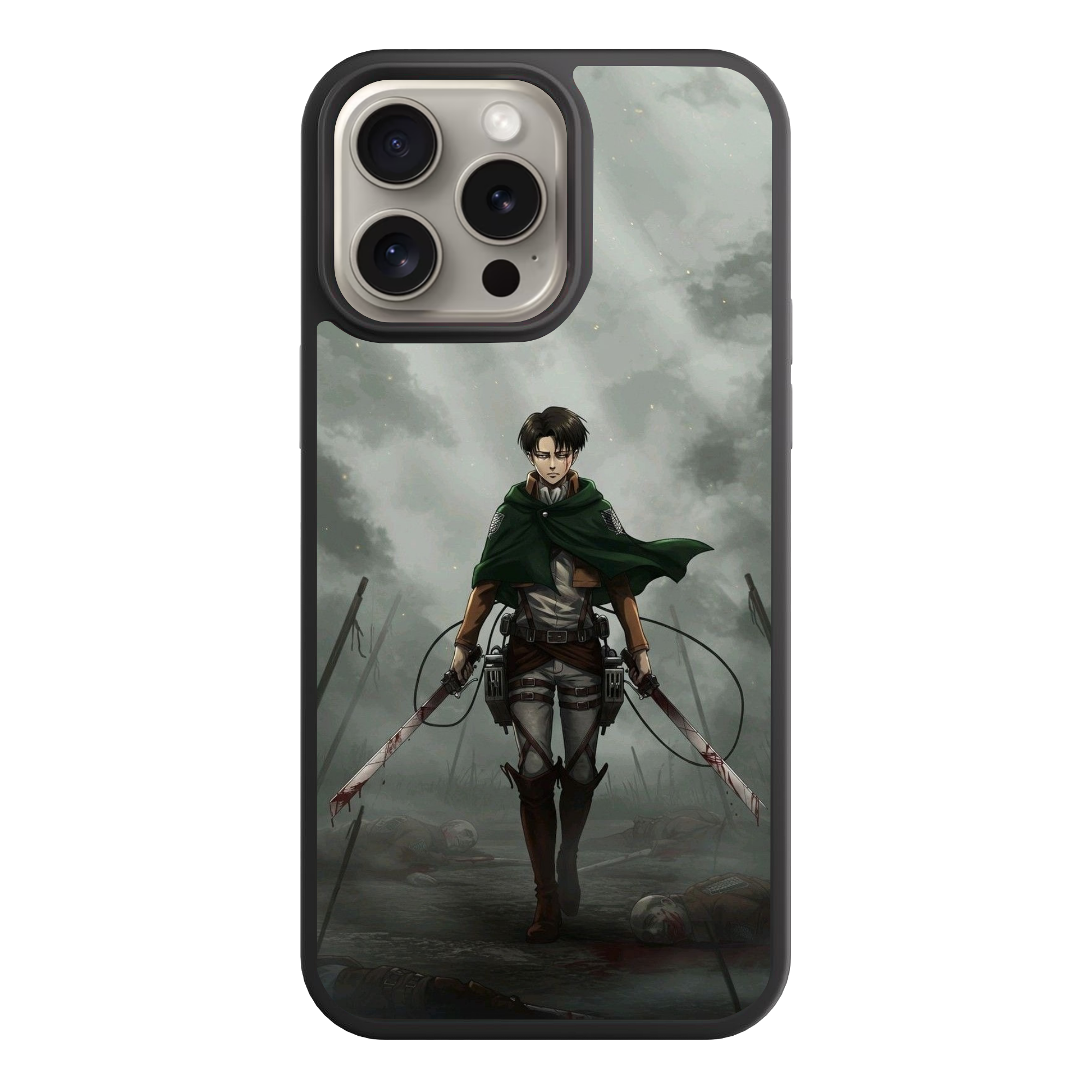 Attack on Titan Levi Phone Case For iPhone Samsung Galaxy Pixel - Levi Ackerman Standing With Bloody Swords On Battlefield Under Grey Sky Background