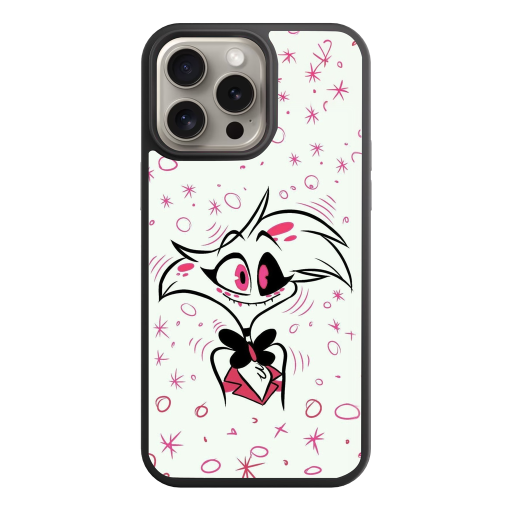 Hazbin Hotel Angel Dust Phone Case For iPhone Samsung Galaxy Pixel - Angel Dust Chibi Illustration On Pink Star And Bubble Background