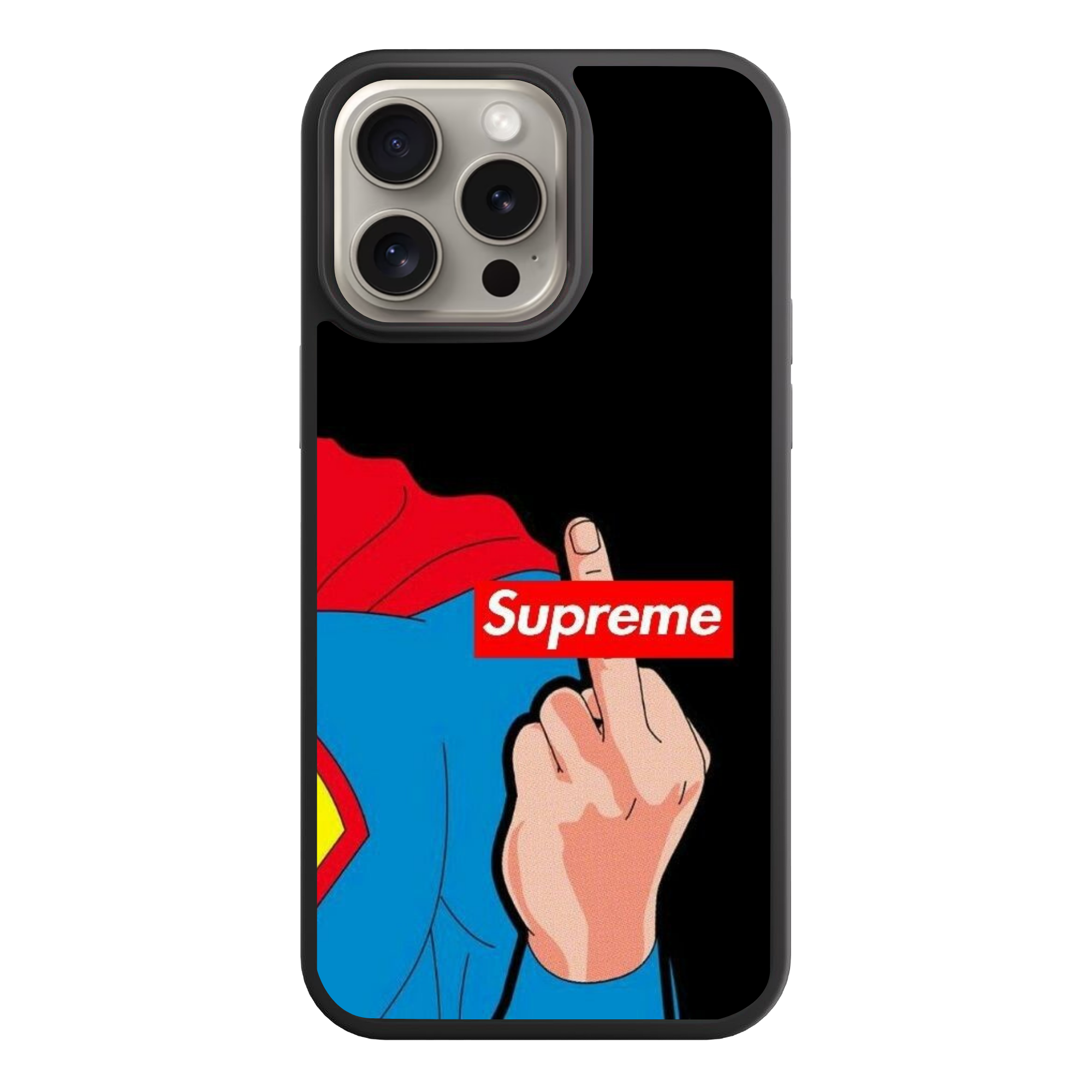 Supreme Phone Case For iPhone Samsung Galaxy Pixel - Supreme Logo And Superman Middle Finger On Black Background