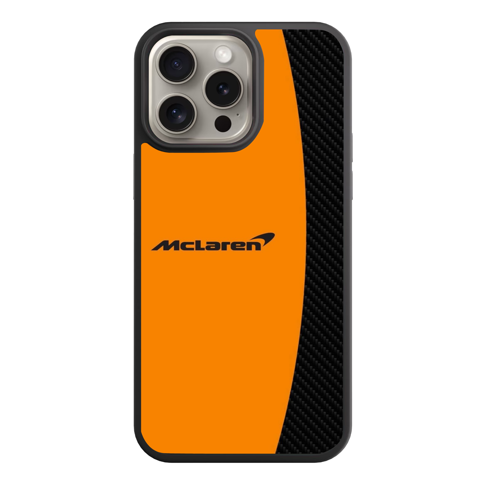 F1 Formula 1 McLaren Phone Case For iPhone Samsung Galaxy Pixel - McLaren Logo And Wordmark On Orange And Carbon Fiber Background