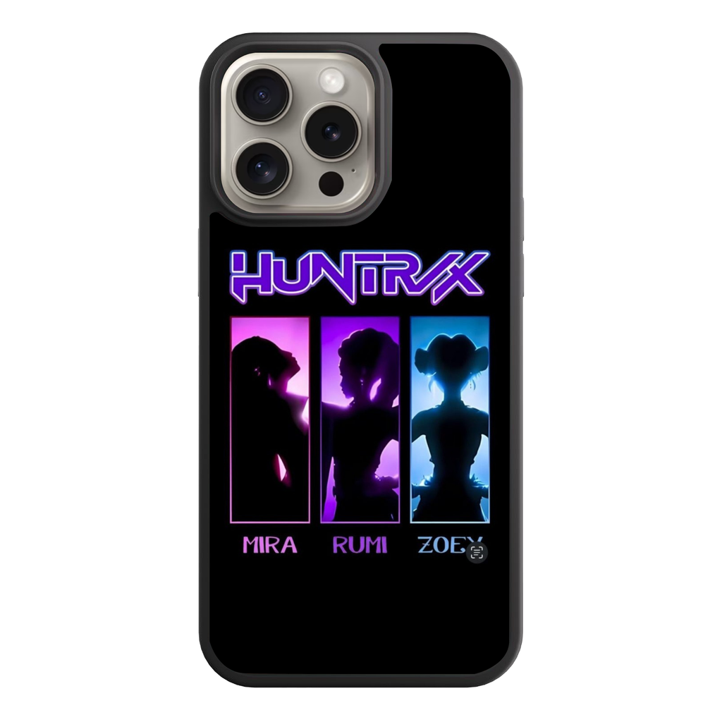 KPop Demon Hunters Phone Case For iPhone Samsung Galaxy Pixel - HUNTRIX Neon Silhouette Trio On Black Background