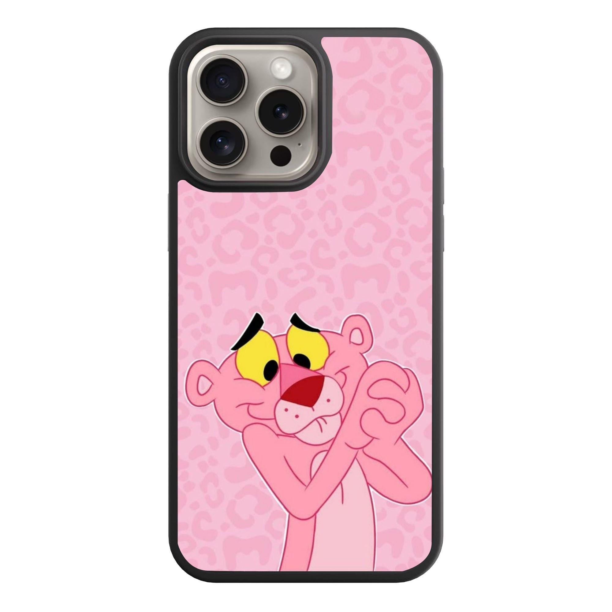 Pink Panther Phone Case For iPhone Samsung Galaxy Pixel - Pink Panther Clasping Hands In Leopard Pattern Pink Background