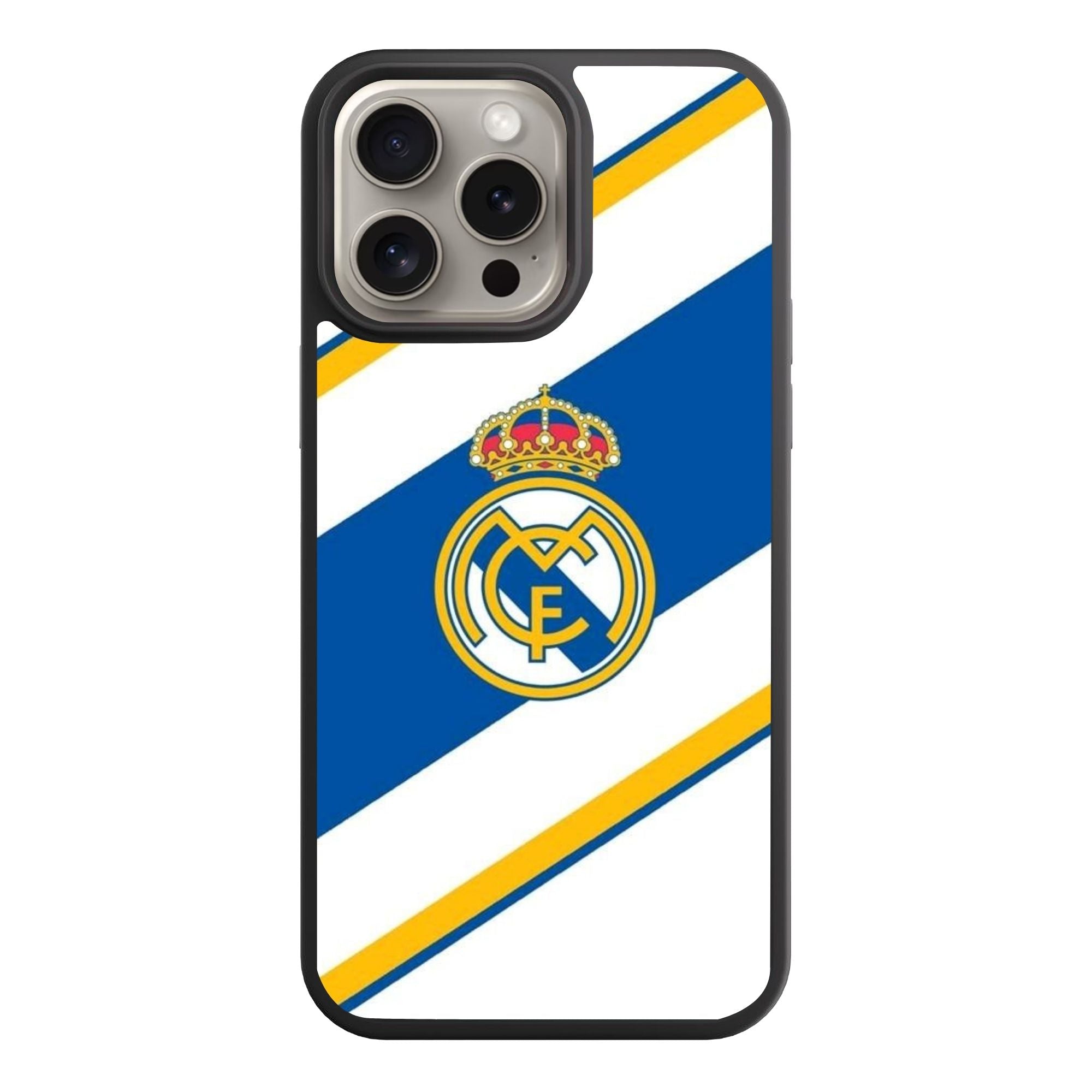 Real Madrid CF Phone Case For iPhone Samsung Galaxy Pixel - Real Madrid CF Logo On Diagonal Blue And Yellow Stripes With White Background