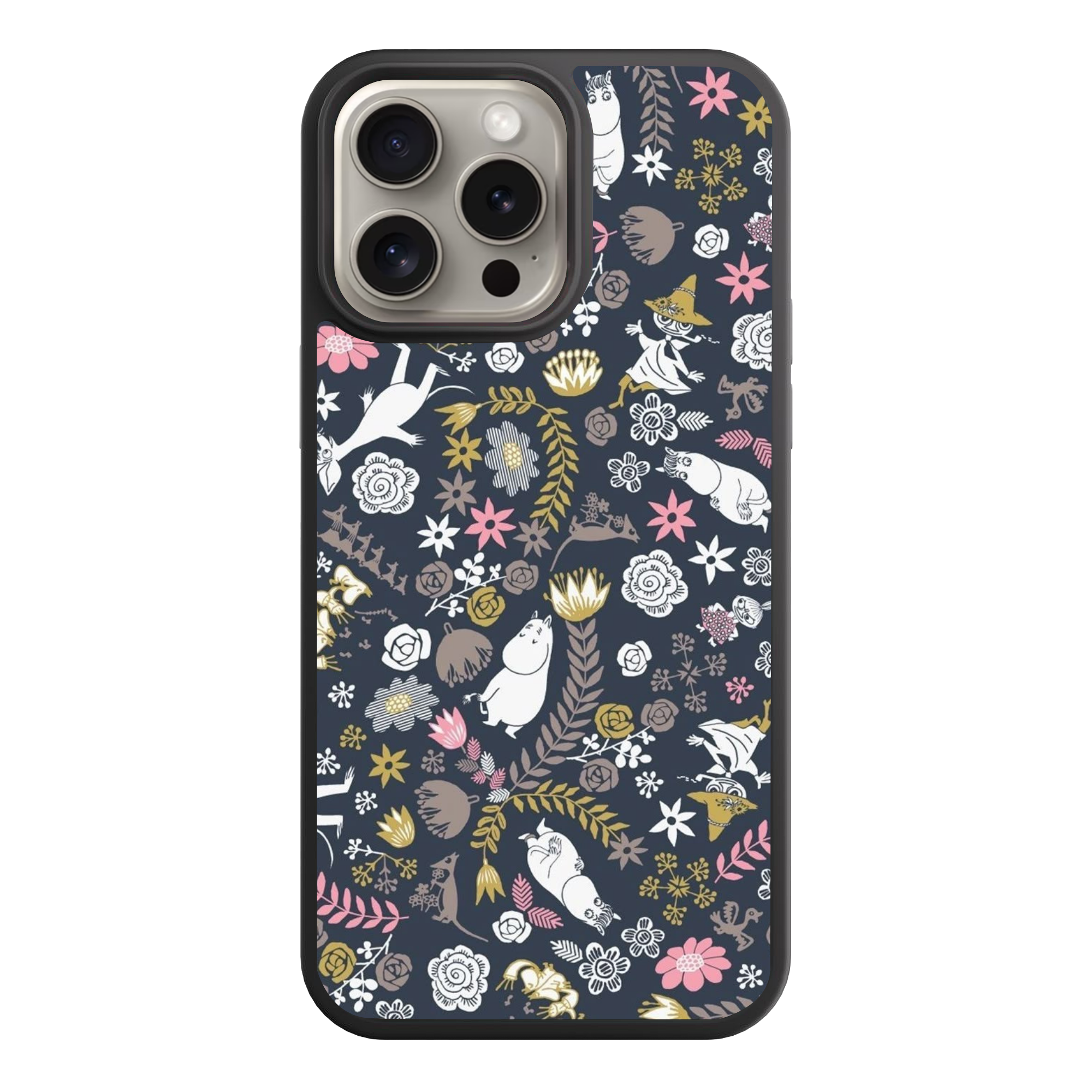 Moomins Phone Case For iPhone Samsung Galaxy Pixel - Moomin Characters And Flowers Pattern In Dark Blue Background