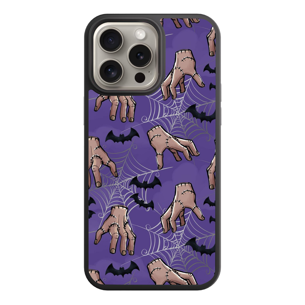 Wednesday Phone Case For iPhone Samsung Galaxy Pixel - Thing Hands And Bats Repeating Pattern On Purple Background