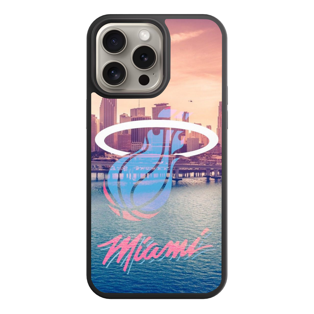 NBA Miami Heat Phone Case For iPhone Samsung Galaxy Pixel - Miami Heat Vice City Logo Over Miami Skyline Background