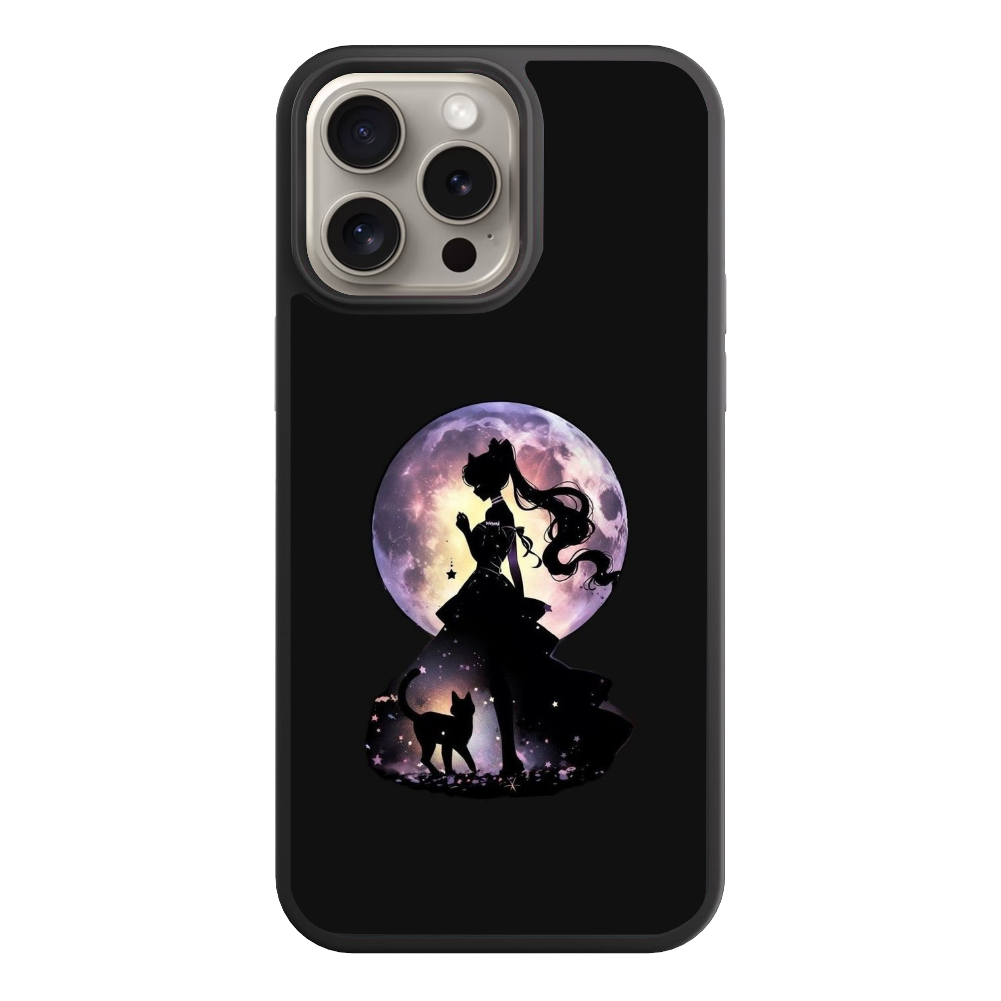 Sailor Moon Phone Case For iPhone Samsung Galaxy Pixel - Sailor Moon Silhouette With Luna And Purple Moon On Black Background
