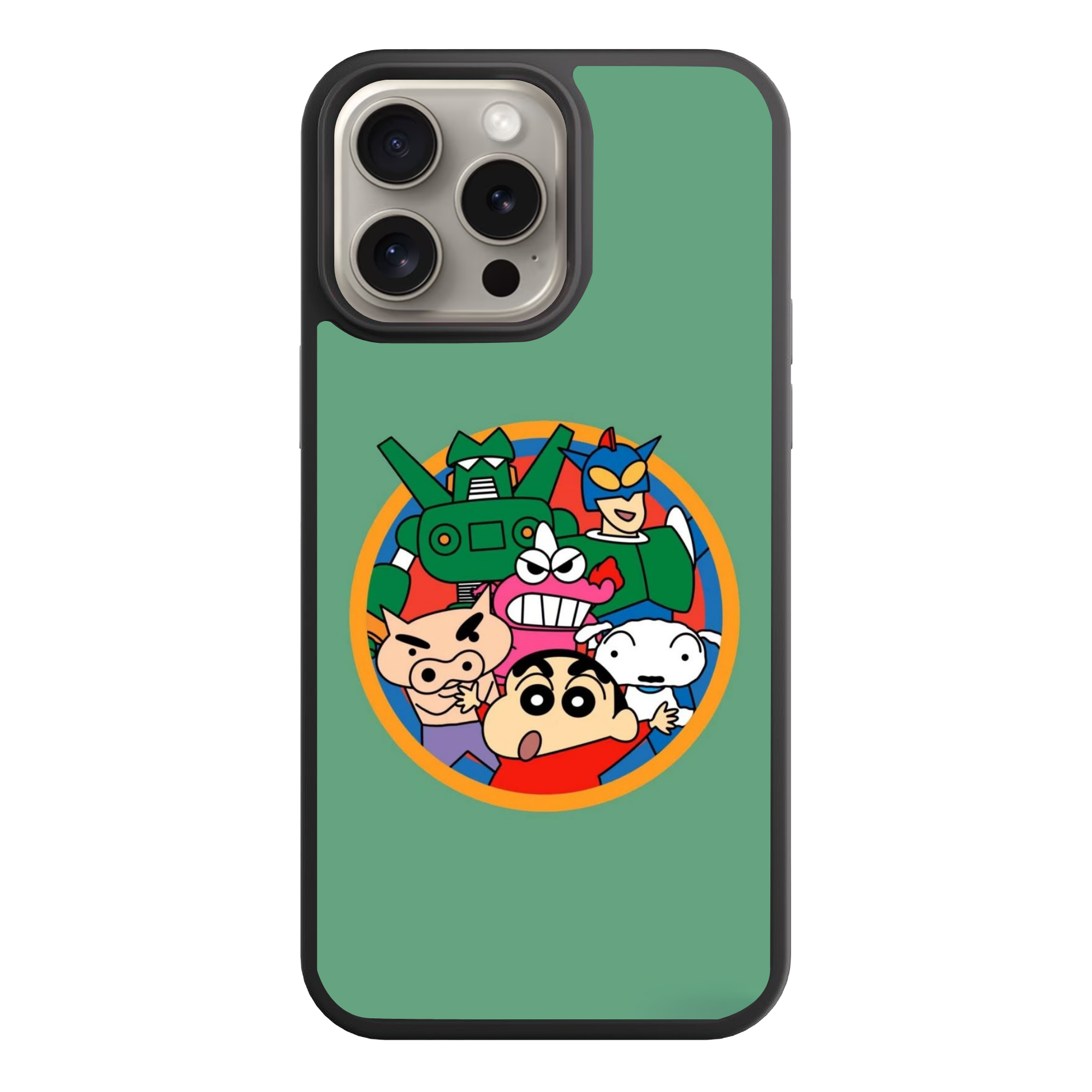 Crayon Shin Chan Phone Case For iPhone Samsung Galaxy Pixel - Crayon Shin Chan Heroes Emblem Illustration On Sage Green Background