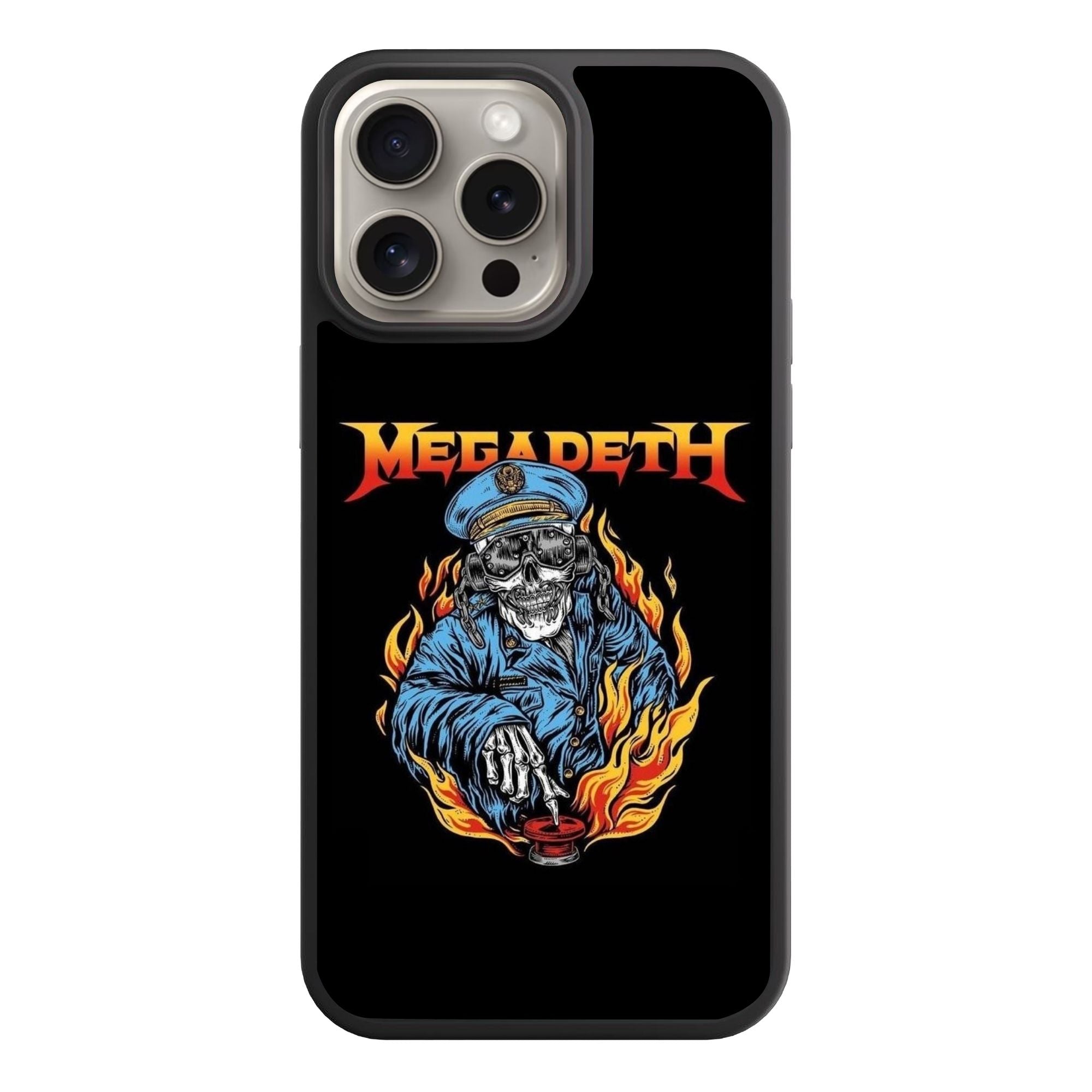 Megadeth Phone Case For iPhone Samsung Galaxy Pixel - Megadeth Vic Rattlehead In Military Uniform Pressing Button On Black Background