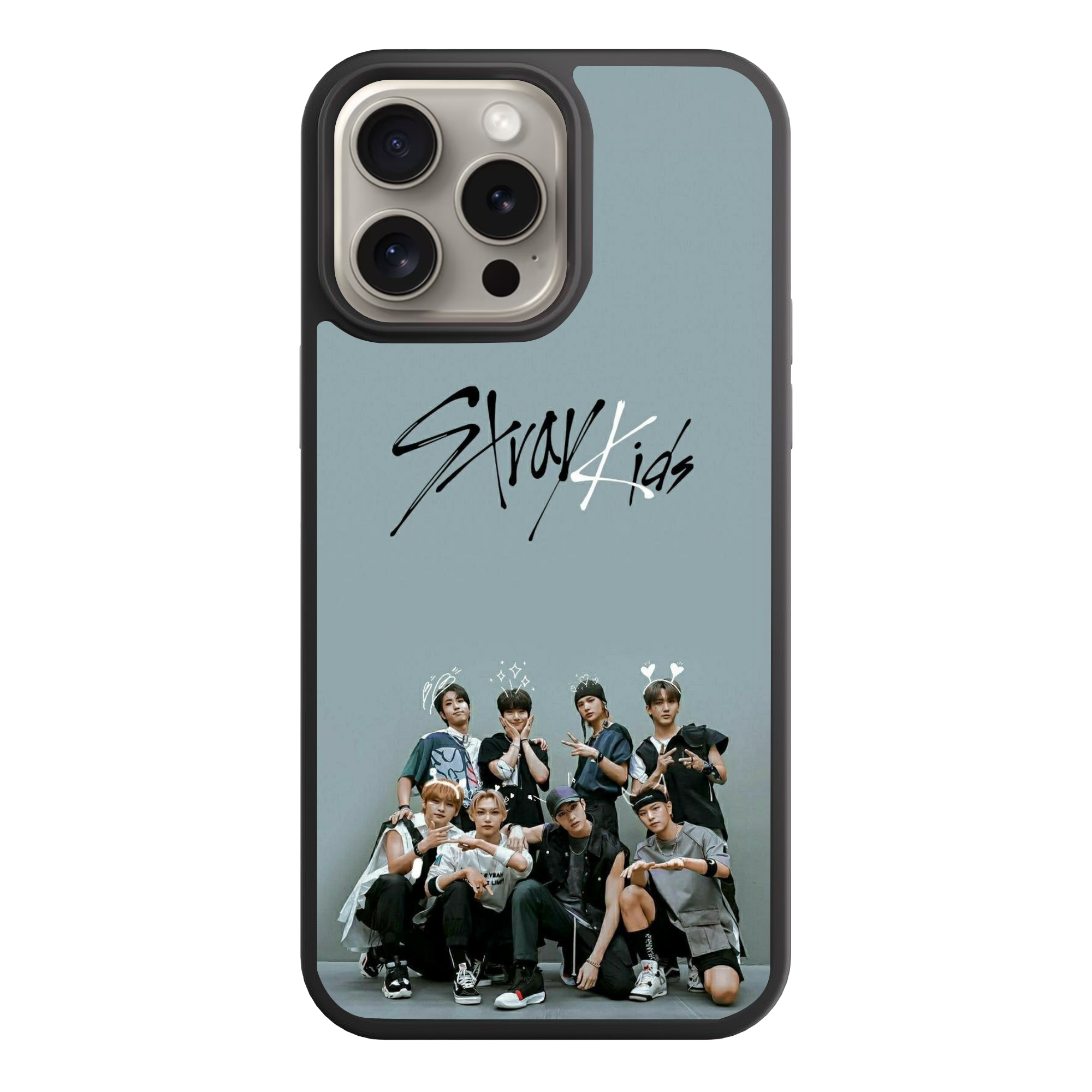 Stray Kids Phone Case For iPhone Samsung Galaxy Pixel - Stray Kids Members Group Photo With Logo On Muted Grey Blue Background