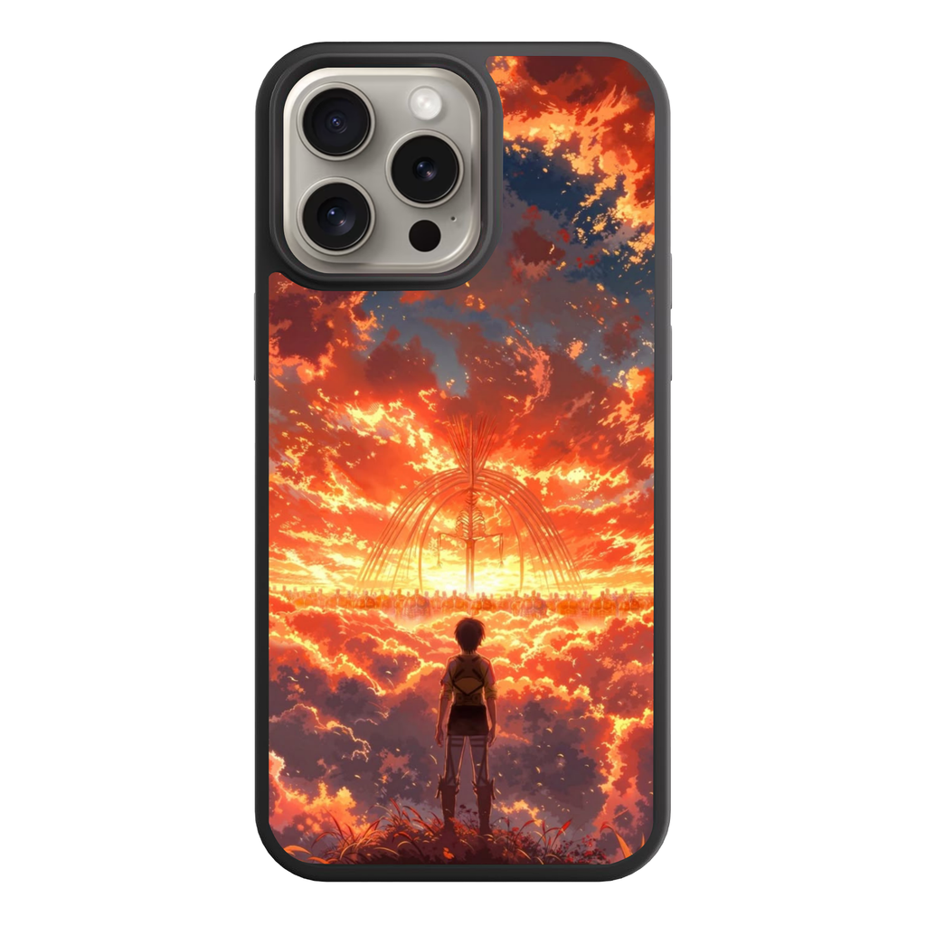 Attack on Titan Eren Phone Case For iPhone Samsung Galaxy Pixel - Eren Yeager Facing Founding Titan Under Orange Sky Background