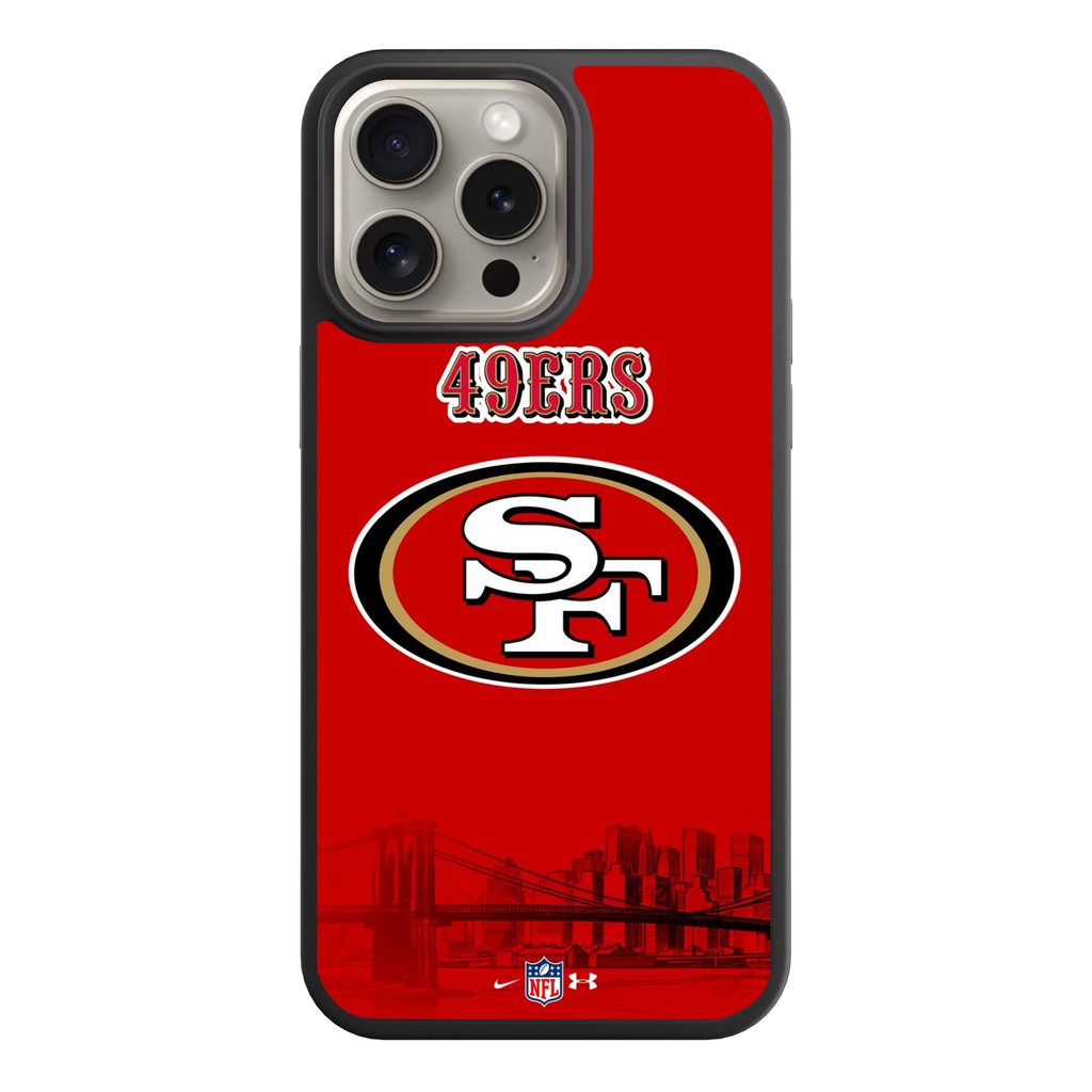 NFL San Francisco 49ers Phone Case For iPhone Samsung Galaxy Pixel - San Francisco 49ers Logo And Cityscape On Red Background With NFL Nike And Under Armour Logos