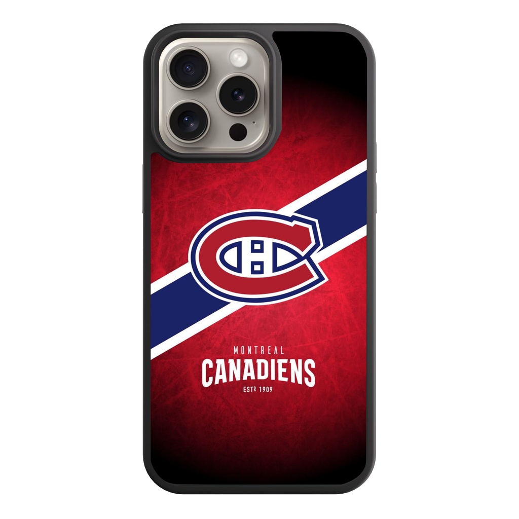 NHL Montreal Canadiens Phone Case For iPhone Samsung Galaxy Pixel - Montreal Canadiens Logo And Diagonal Stripes On Textured Red Background