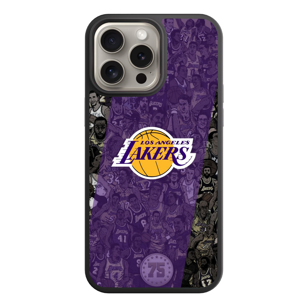 NBA Los Angeles Lakers Phone Case For iPhone Samsung Galaxy Pixel - Los Angeles Lakers Logo And Players Collage On Purple Stripe Background