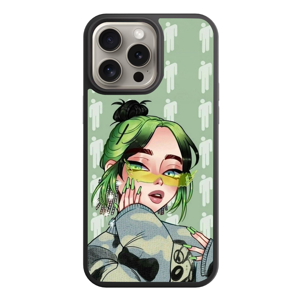 Billie Eilish Phone Case For iPhone Samsung Galaxy Pixel - Billie Eilish Anime Illustration With Blohsh Logo Pattern On Sage Green Background