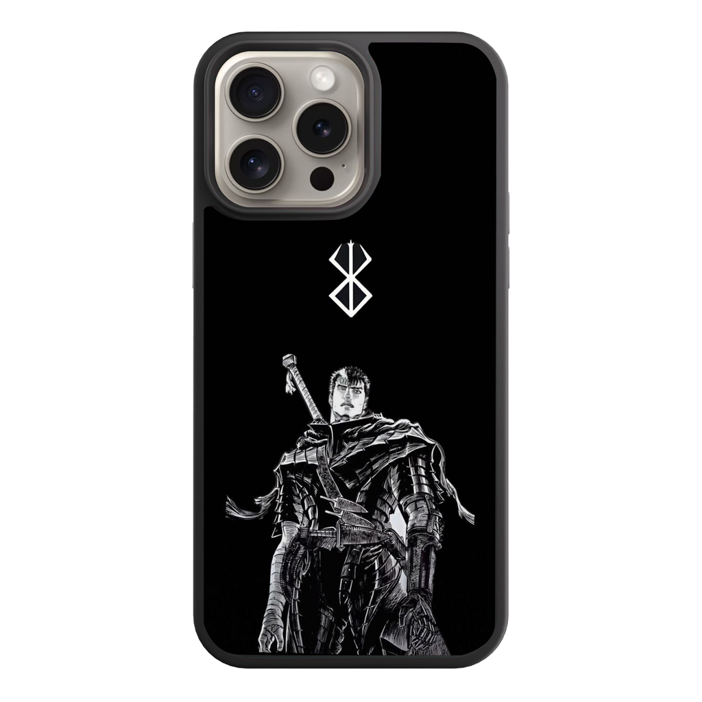 Berserk Guts Phone Case For iPhone Samsung Galaxy Pixel - Black And White Guts Under White Brand Of Sacrifice Symbol On Black Background