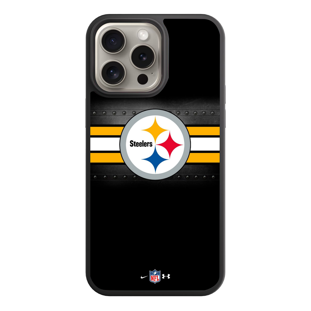 NFL Pittsburgh Steelers Phone Case For iPhone Samsung Galaxy Pixel - Pittsburgh Steelers Logo On Riveted Metal And Triple Stripes Background