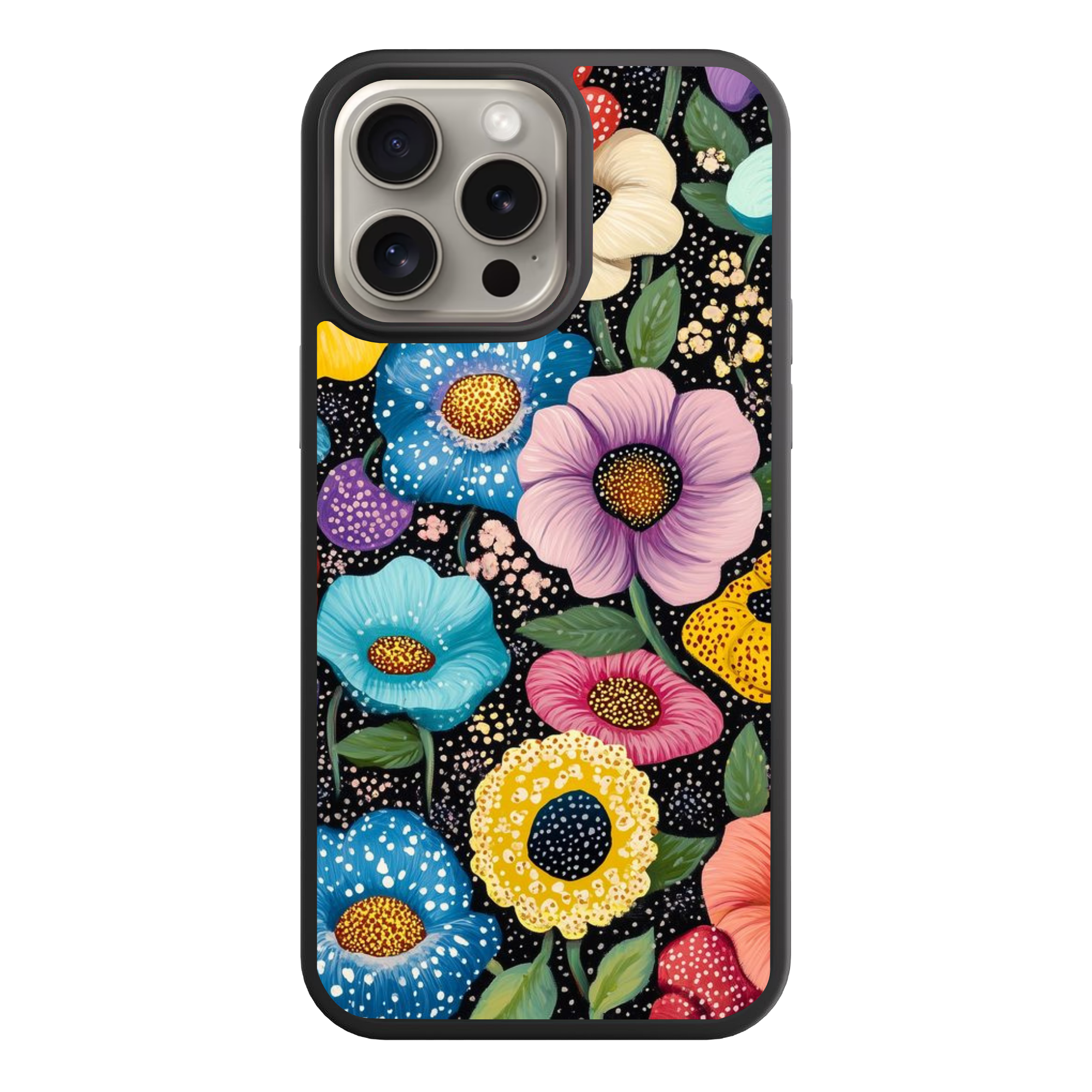 Yayoi Kusama Phone Case For iPhone Samsung Galaxy Pixel - Vibrant Colorful Flowers With Polka Dots On Black Background