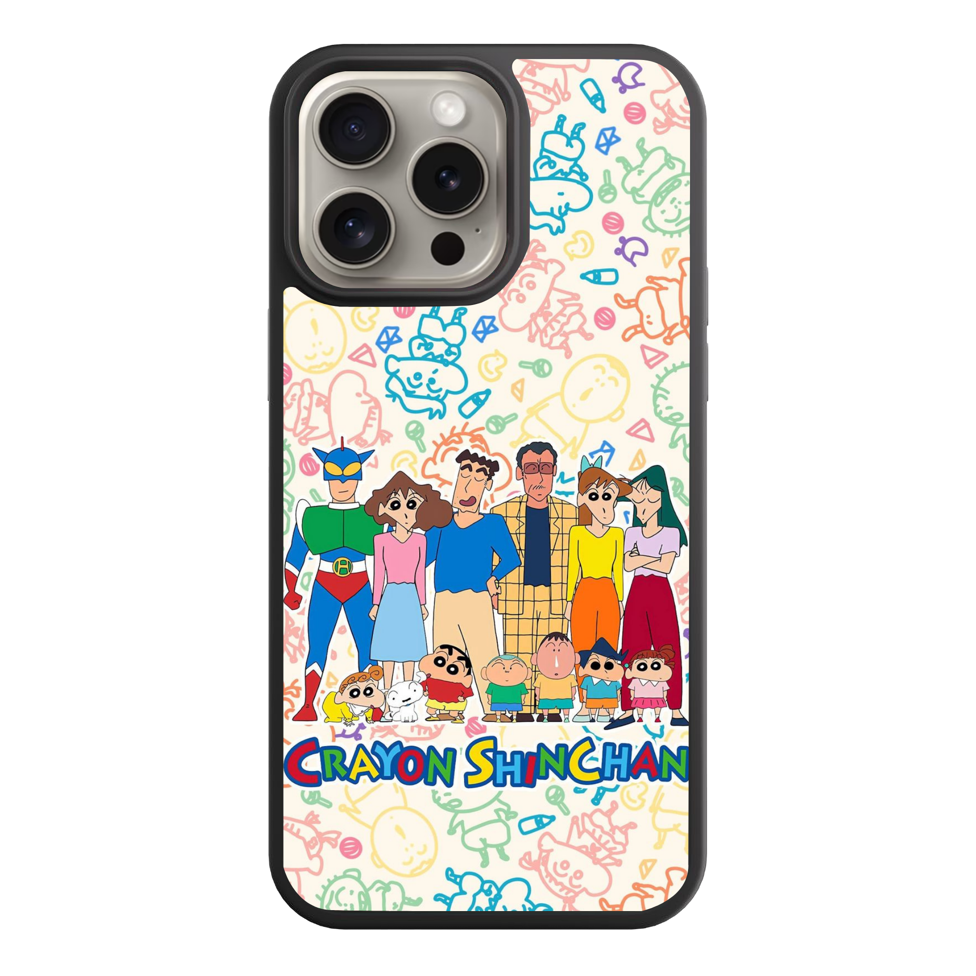 Crayon Shin Chan Phone Case For iPhone Samsung Galaxy Pixel - Crayon Shin Chan Full Cast Poster On Colorful Character Doodles Cream Background