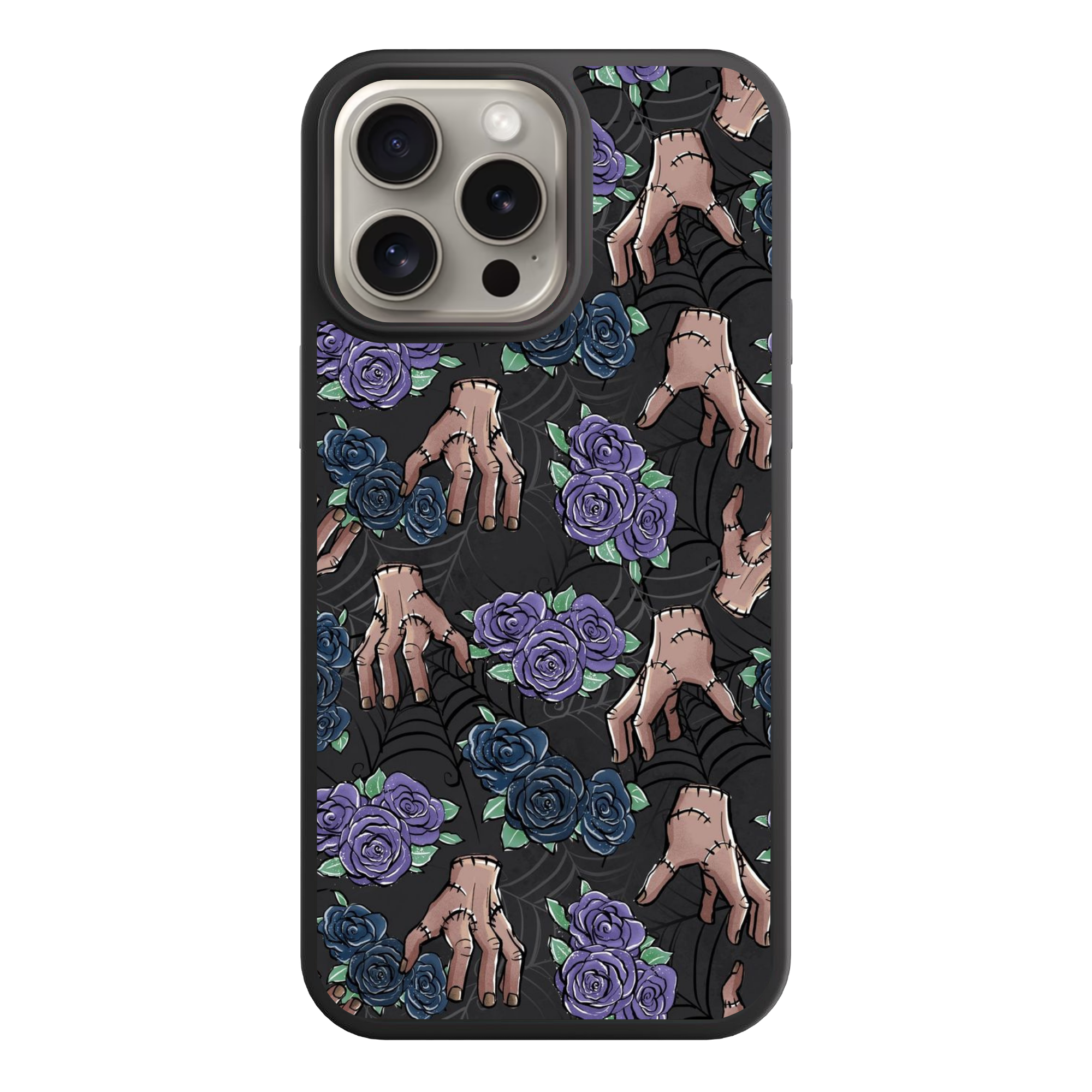 Wednesday Phone Case For iPhone Samsung Galaxy Pixel - Thing Hands And Purple Roses Pattern On Black Background