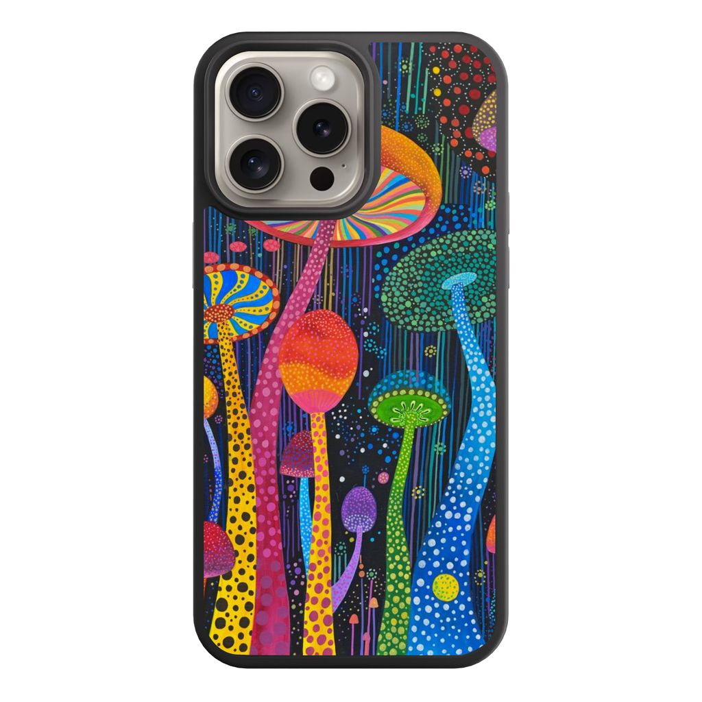 Yayoi Kusama Phone Case For iPhone Samsung Galaxy Pixel - Psychedelic Mushrooms In Polka Dot Style On Dark Background