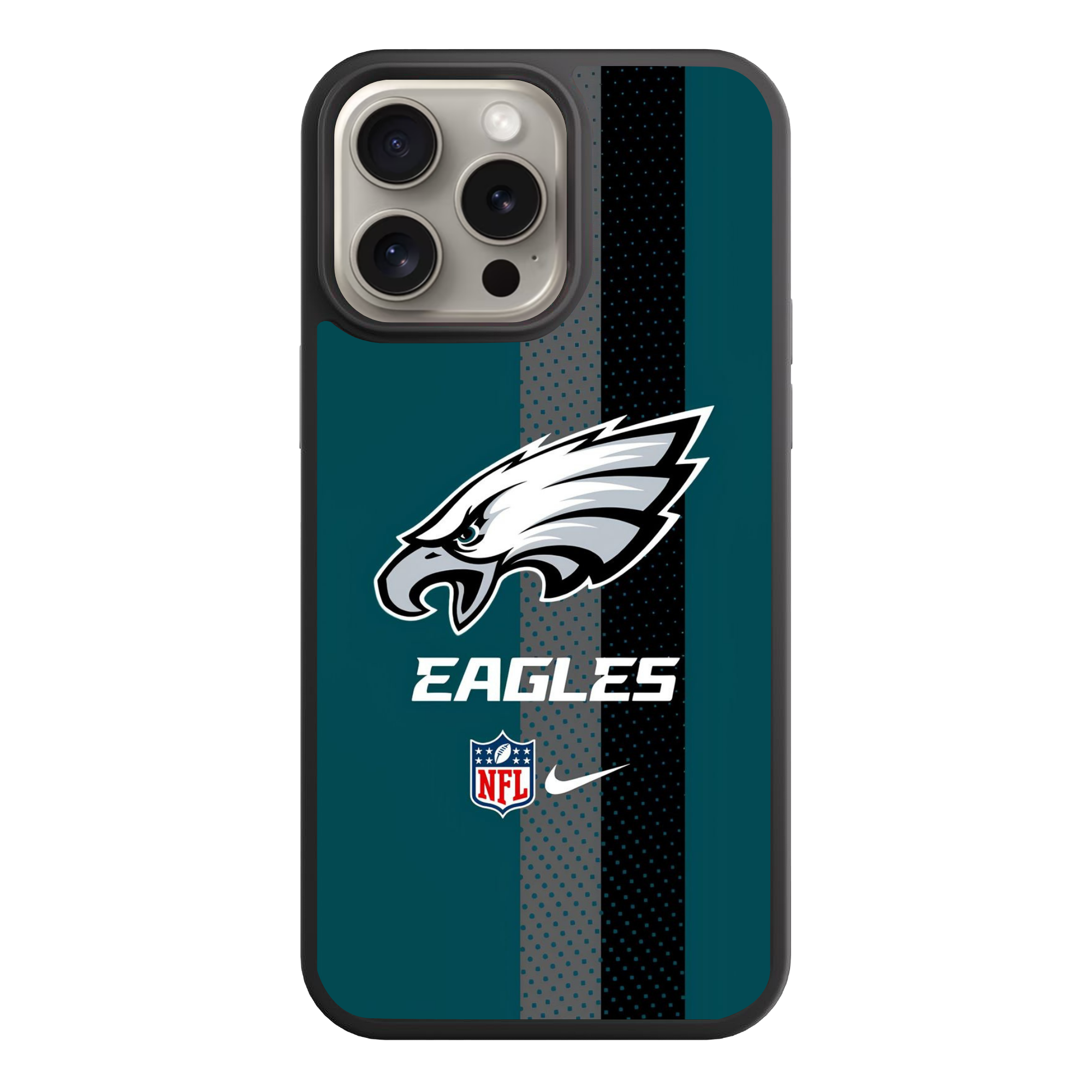 NFL Philadelphia Eagles Phone Case For iPhone Samsung Galaxy Pixel - Philadelphia Eagles Logo And Wordmark On Midnight Green Gray And Black Mesh Stripes Background With NFL And Nike Logos