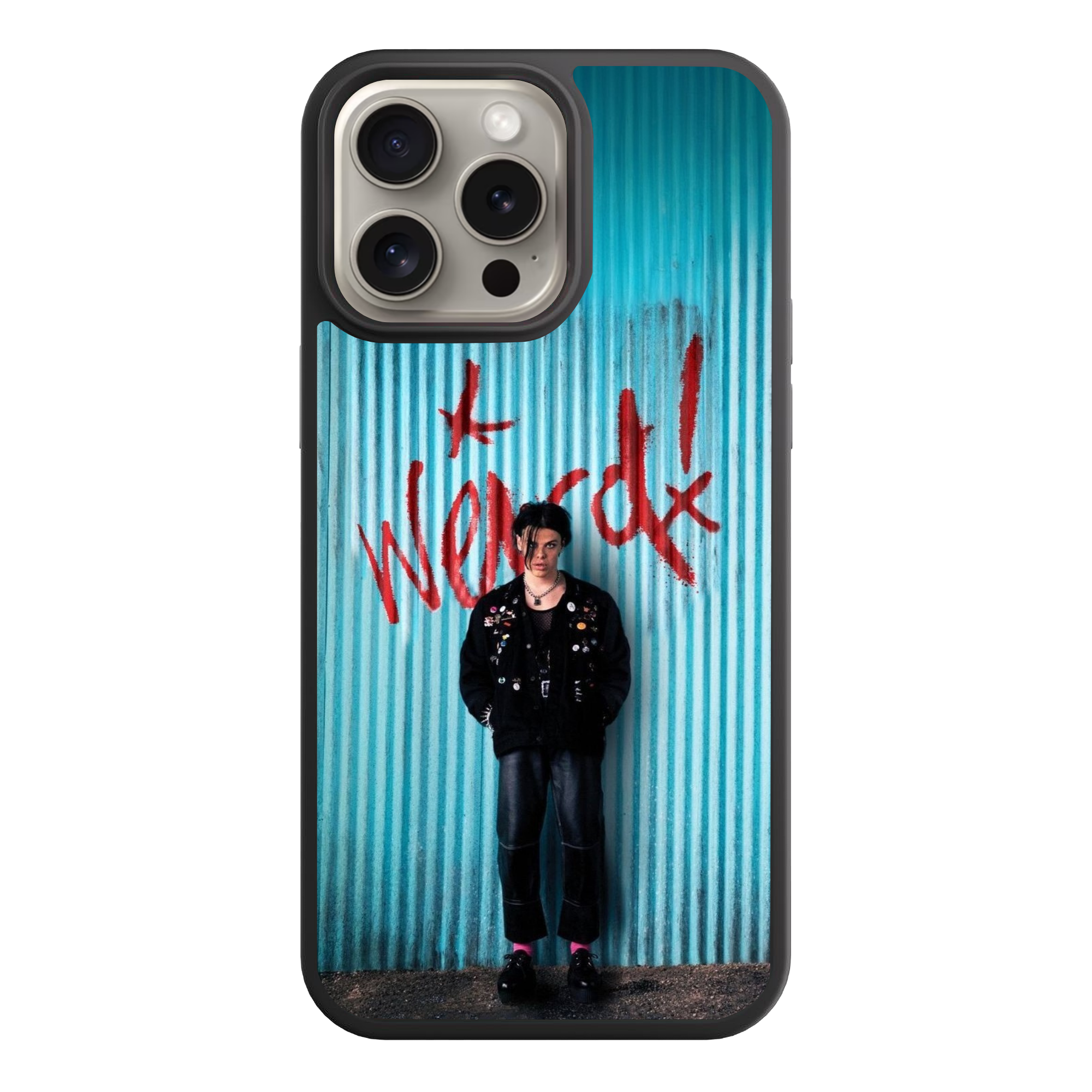 Yungblud Phone Case For iPhone Samsung Galaxy Pixel - Yungblud Standing In Front Of Blue Corrugated Metal Wall Background