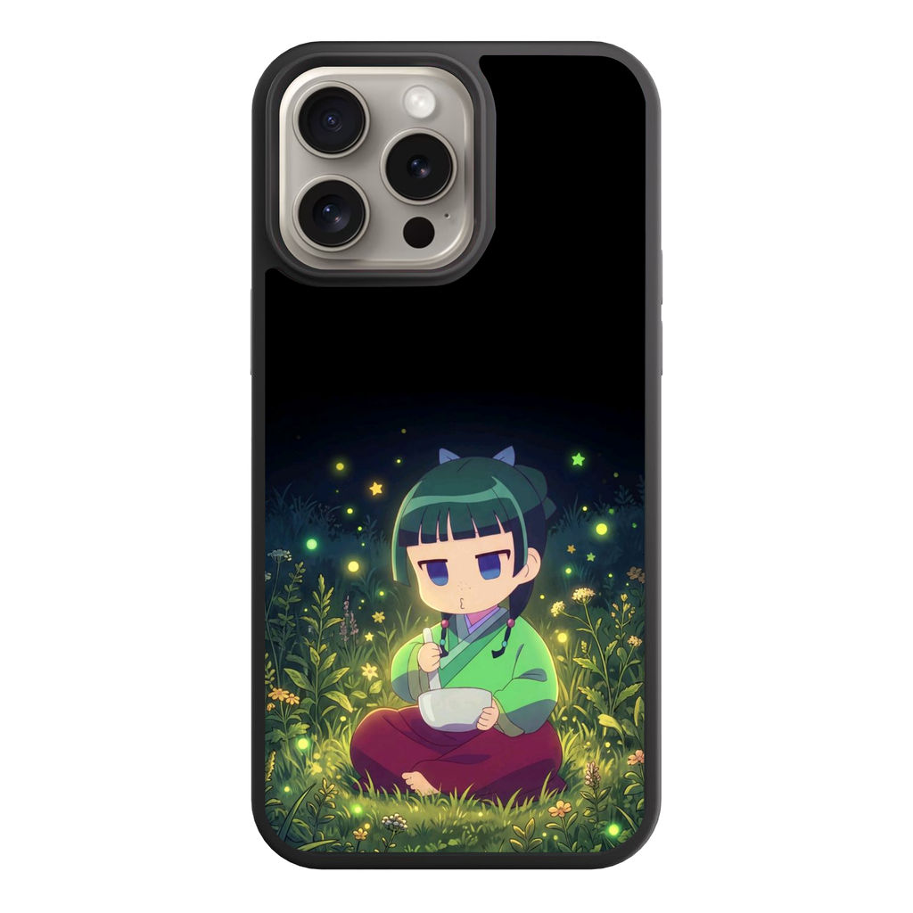 The Apothecary Diaries Maomao Phone Case For iPhone Samsung Galaxy Pixel - Chibi Maomao Sitting In A Grassy Field Surrounded By Fireflies On A Black Night Background