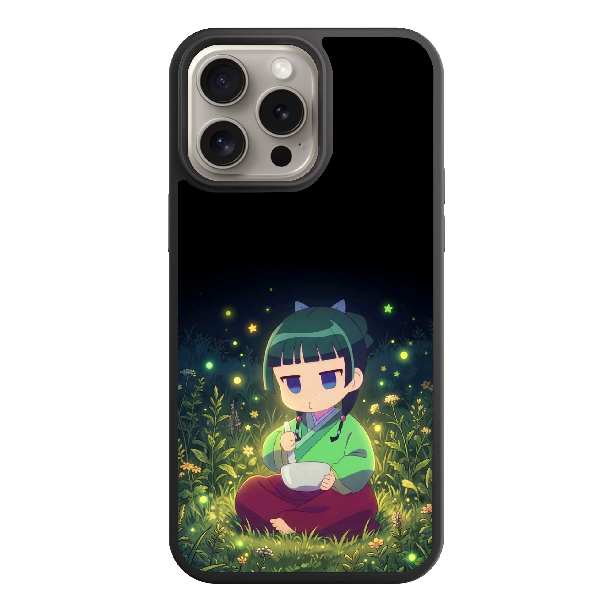 The Apothecary Diaries Maomao Phone Case For iPhone Samsung Galaxy Pixel - Chibi Maomao Sitting In A Grassy Field Surrounded By Fireflies On A Black Night Background
