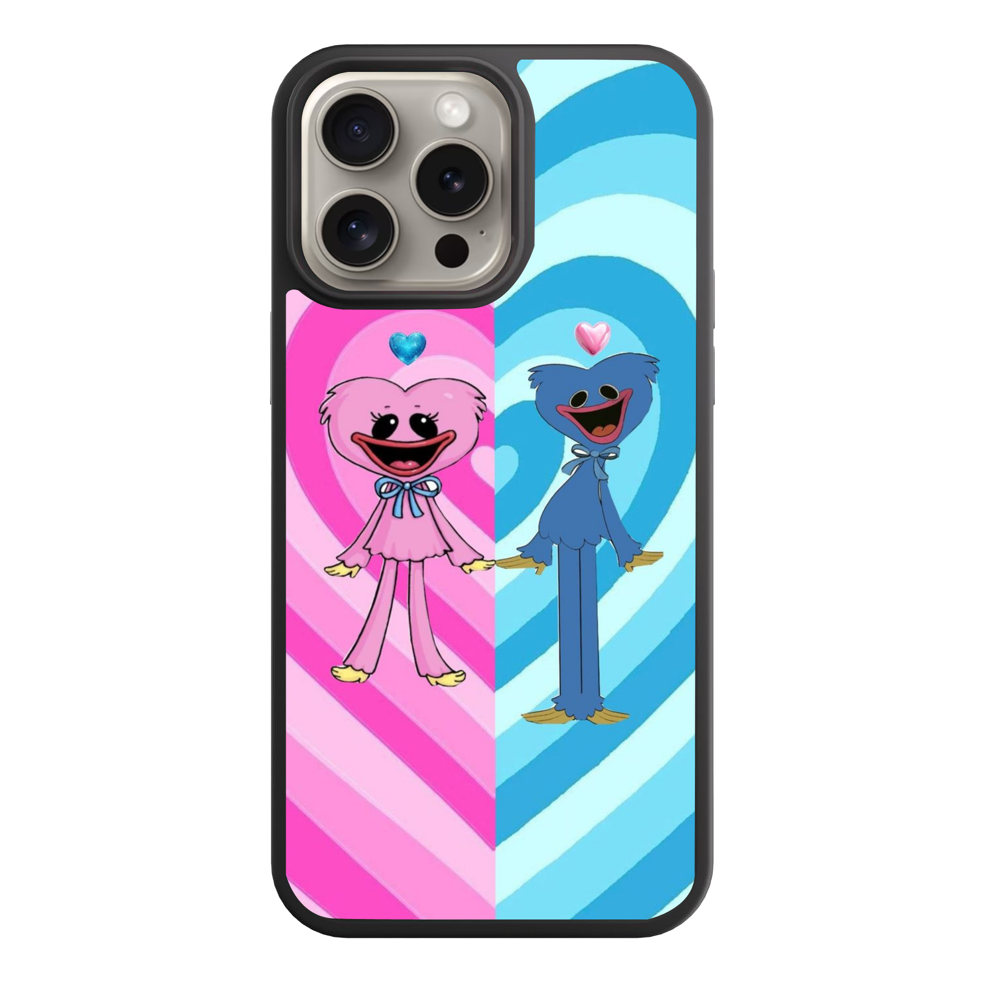 Poppy Playtime Phone Case For iPhone Samsung Galaxy Pixel - Huggy Wuggy And Kissy Missy On Pink And Blue Heart Background