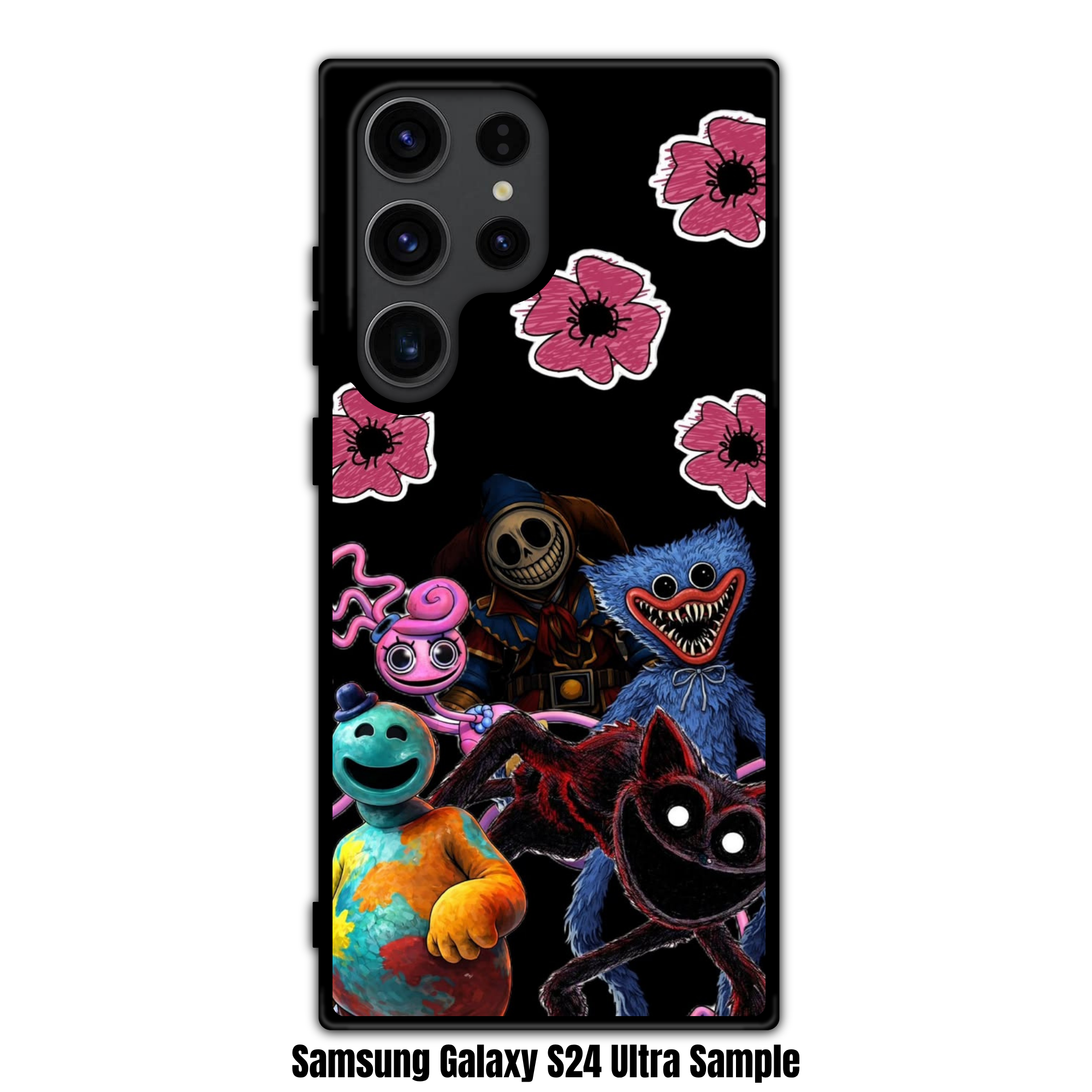 Poppy Playtime Phone Case For iPhone Samsung Galaxy Pixel - Poppy Playtime Main Antagonists And Pink Flowers On Black Background